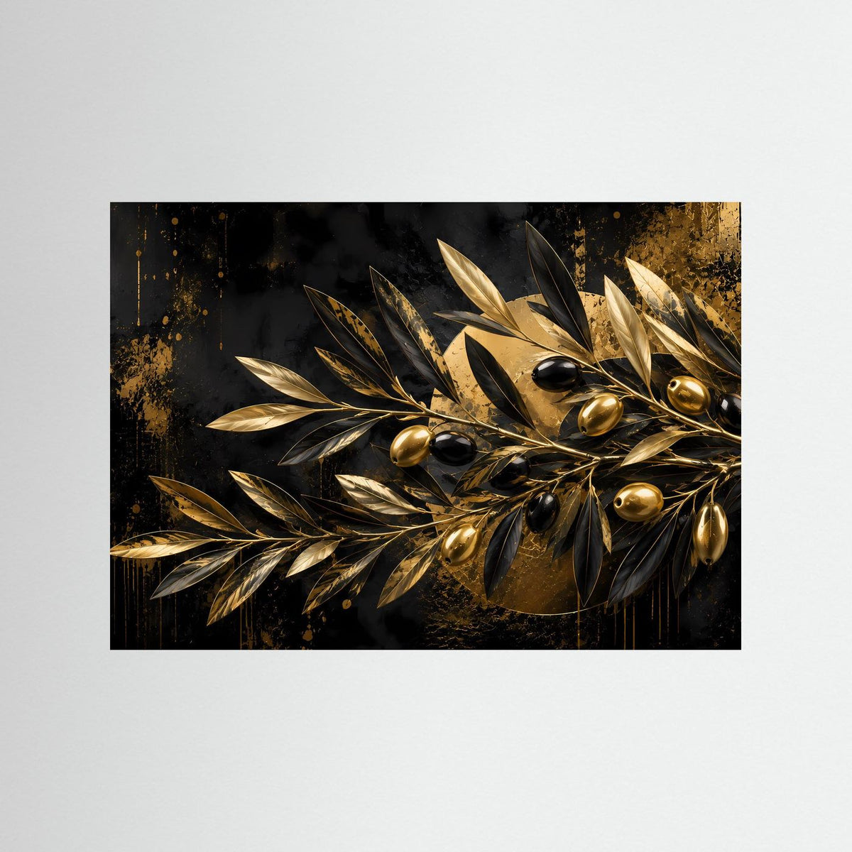 Abstraktes Poster mit goldenem Olivenzweig auf dunklem Hintergrund, querformatig