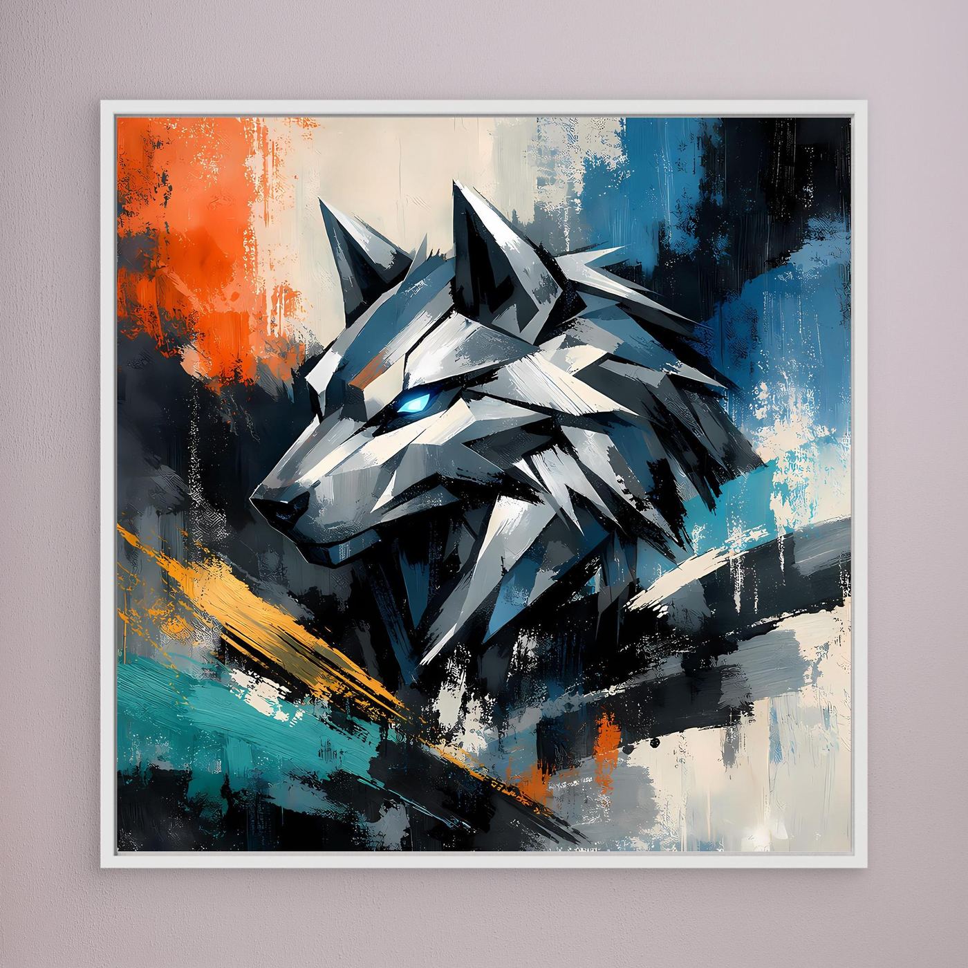 Leinwand-Wandbild mit geometrischem Cyber-Wolf, weißer Rahmen