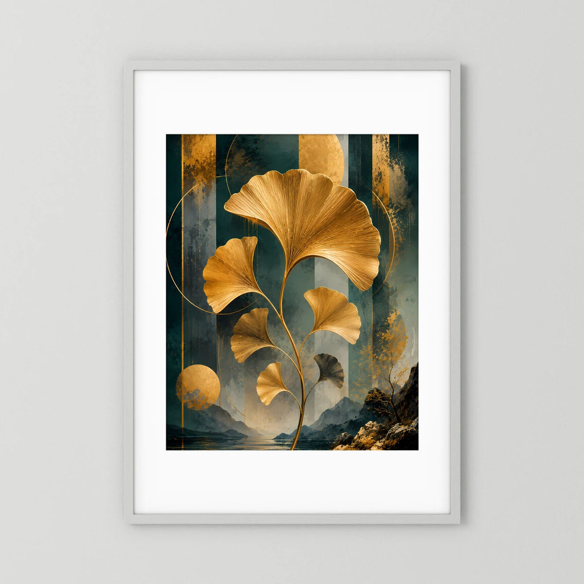 Abstraktes Ginkgo-Poster mit weißem Passepartout und goldenen Blättern auf Petrol, Schwarz & Gold