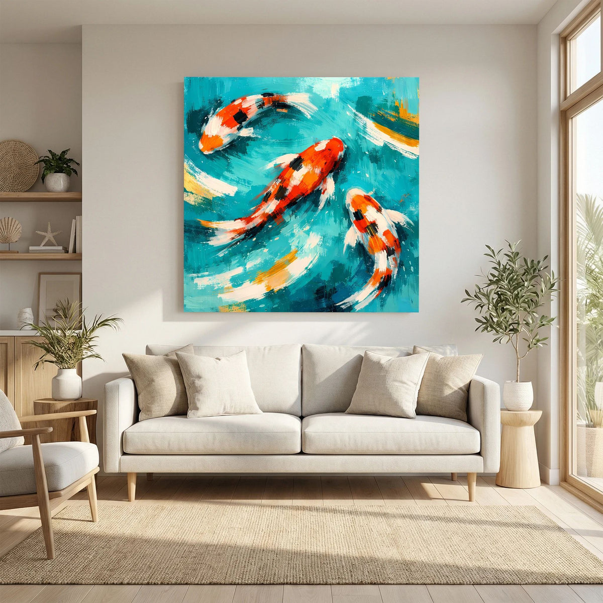 Wandbild mit Koi-Karpfen in Orange, Weiß und Schwarz auf türkisgrünem Wasser, Keilrahmen