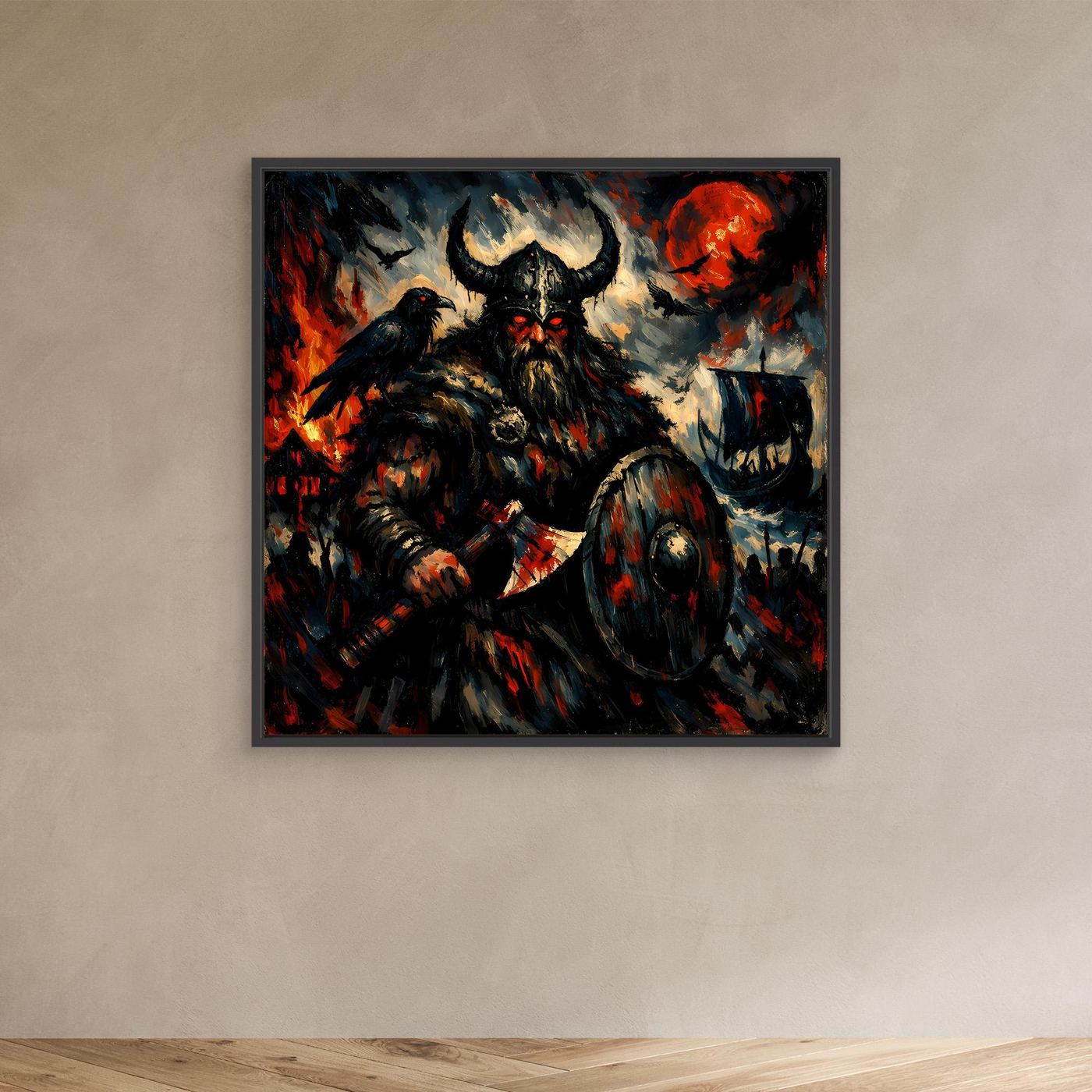 Leinwand Düsterer Wikinger-Krieger unter dem Blutmond | Expressives Nordmann Wandbild