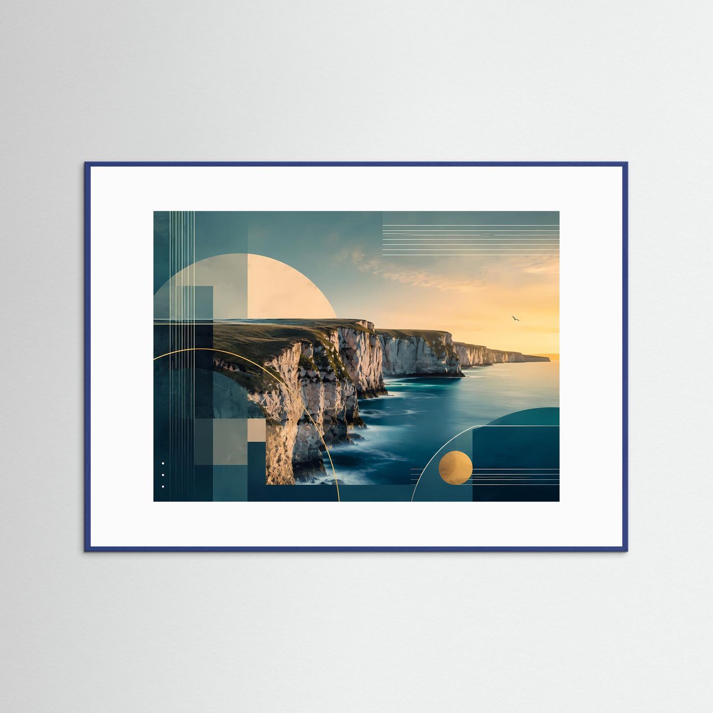 Querformat-Poster mit abstrakter Küstenlandschaft, Teal- und Goldtönen, blauer Rahmenumrandung