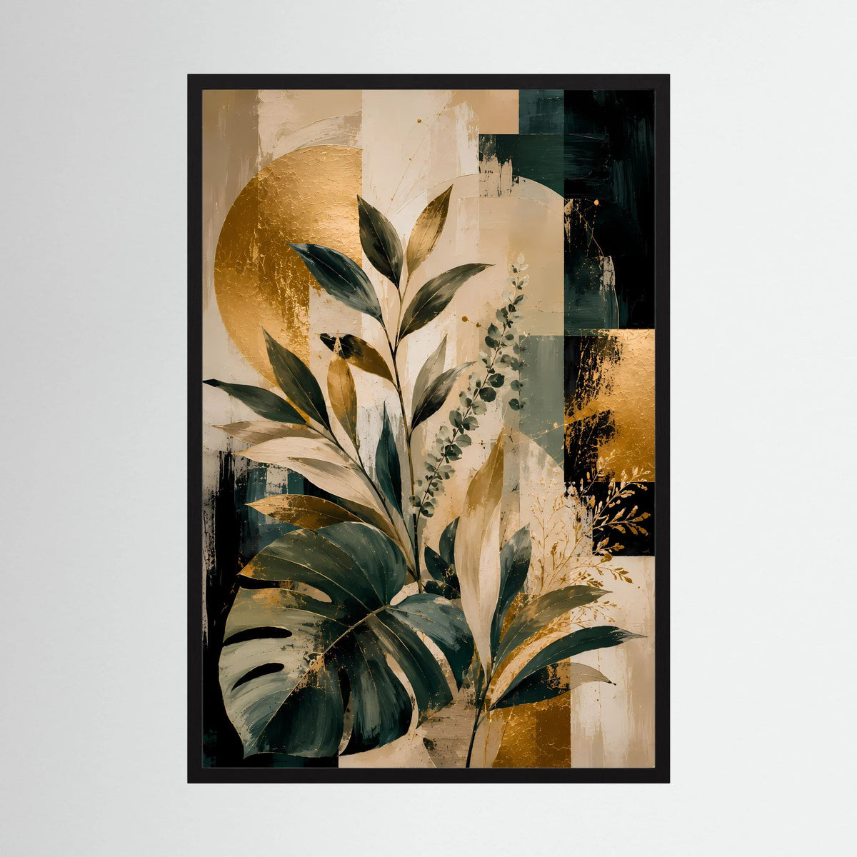 Kunstposter mit abstrakten Monstera-Blättern in Gold, Grün und Beige, schwarzer Rahmen