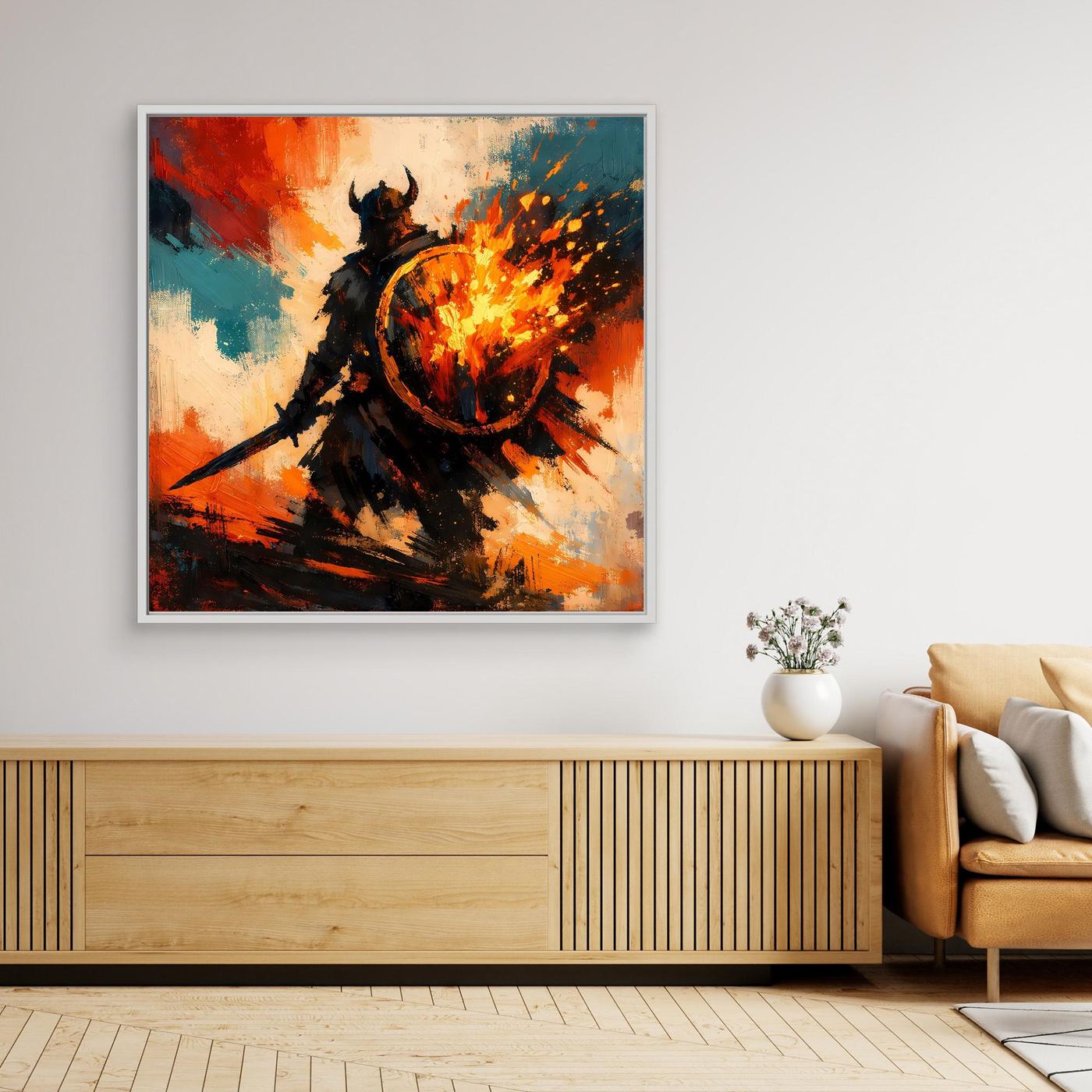 Gerahmtes Leinwand-Wandbild: Wikingerkrieger mit brennendem Schild