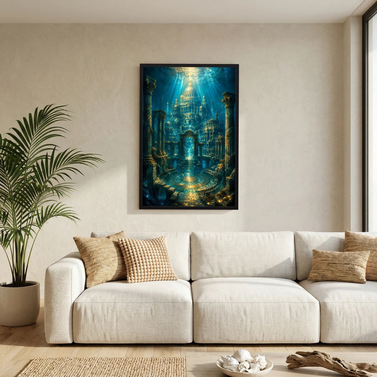 Unterwasser-Tempelposter im schwarzen Rahmen, goldene Lichtquelle über dem Tempelweg