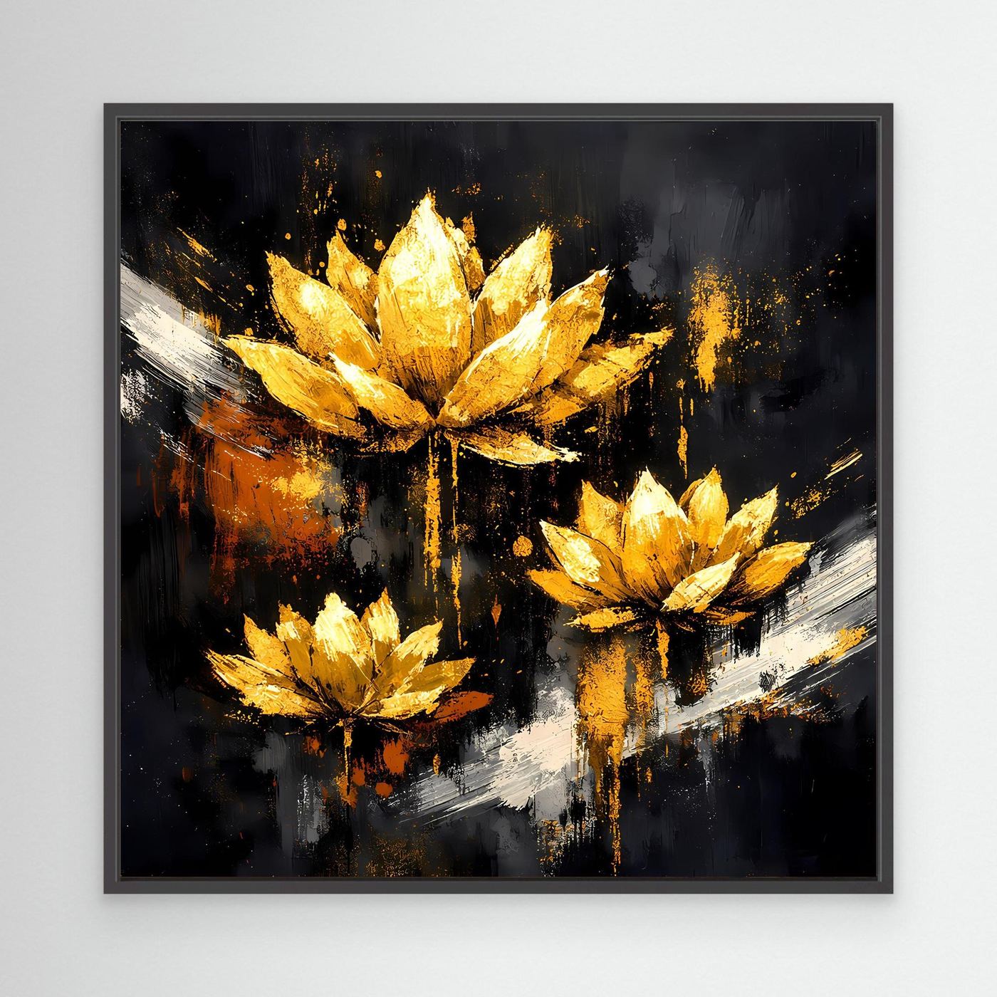 Leinwand Edle Lotusblüten in Gold und Schwarz | Modernes Florales Luxus Wandbild