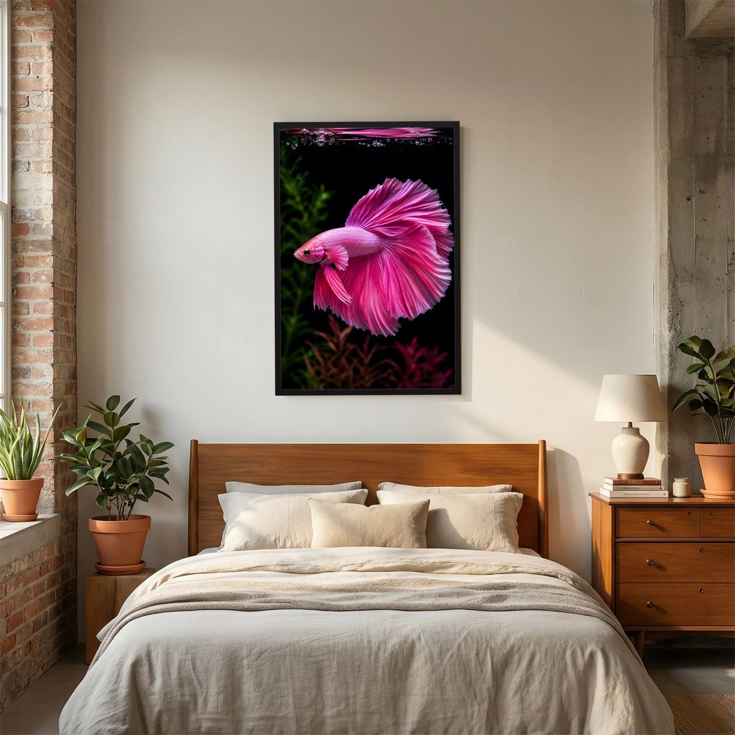 Tierposter mit pinkem Kampffisch im Hochformat, schwarz gerahmt