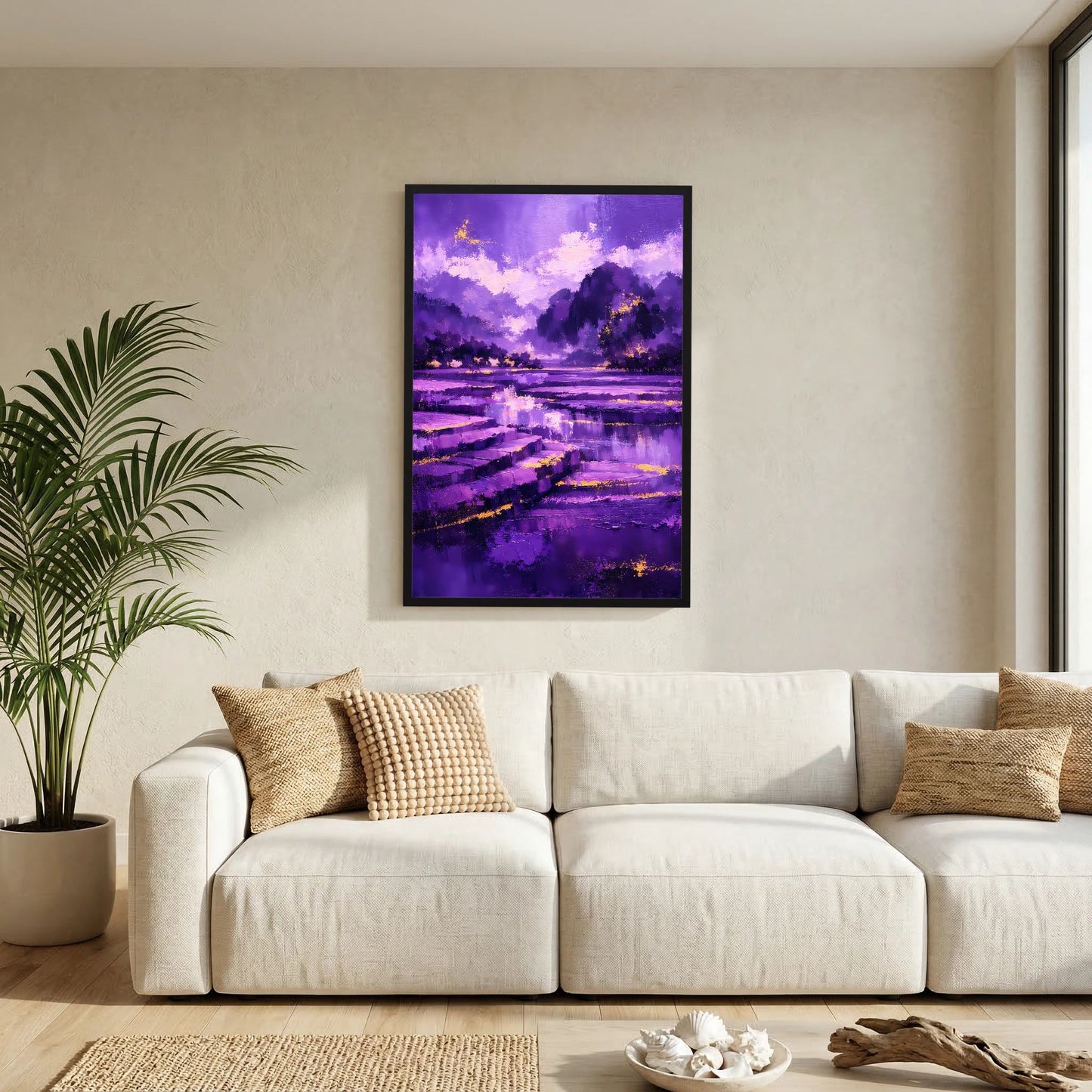 Hochformat-Poster im schwarzen Rahmen mit abstrakter violetter Berg- und See-Landschaft, goldenen Lichtern.