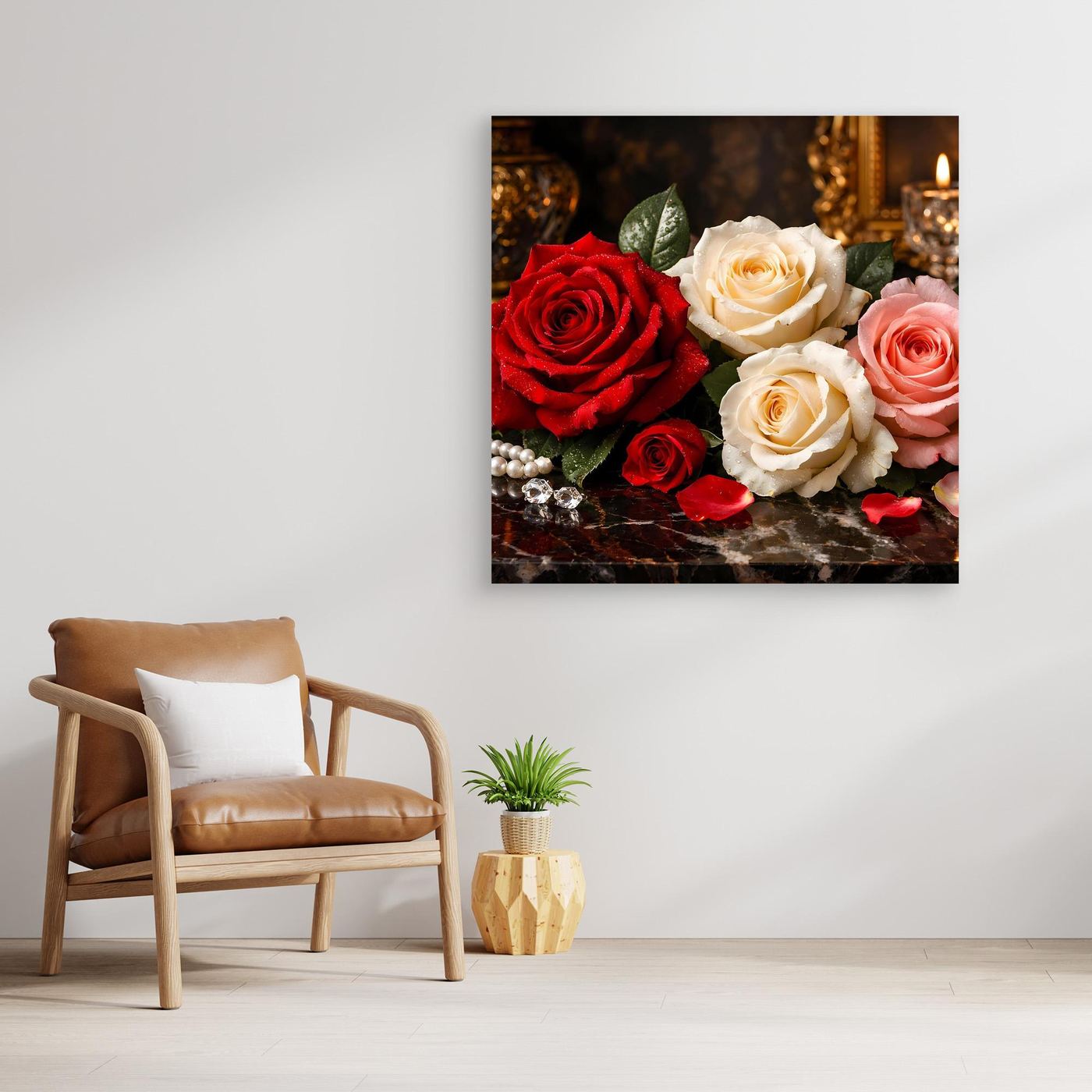 Wandbild Rosenstillleben mit roten und cremefarbenen Rosen, brauner Holzrahmen