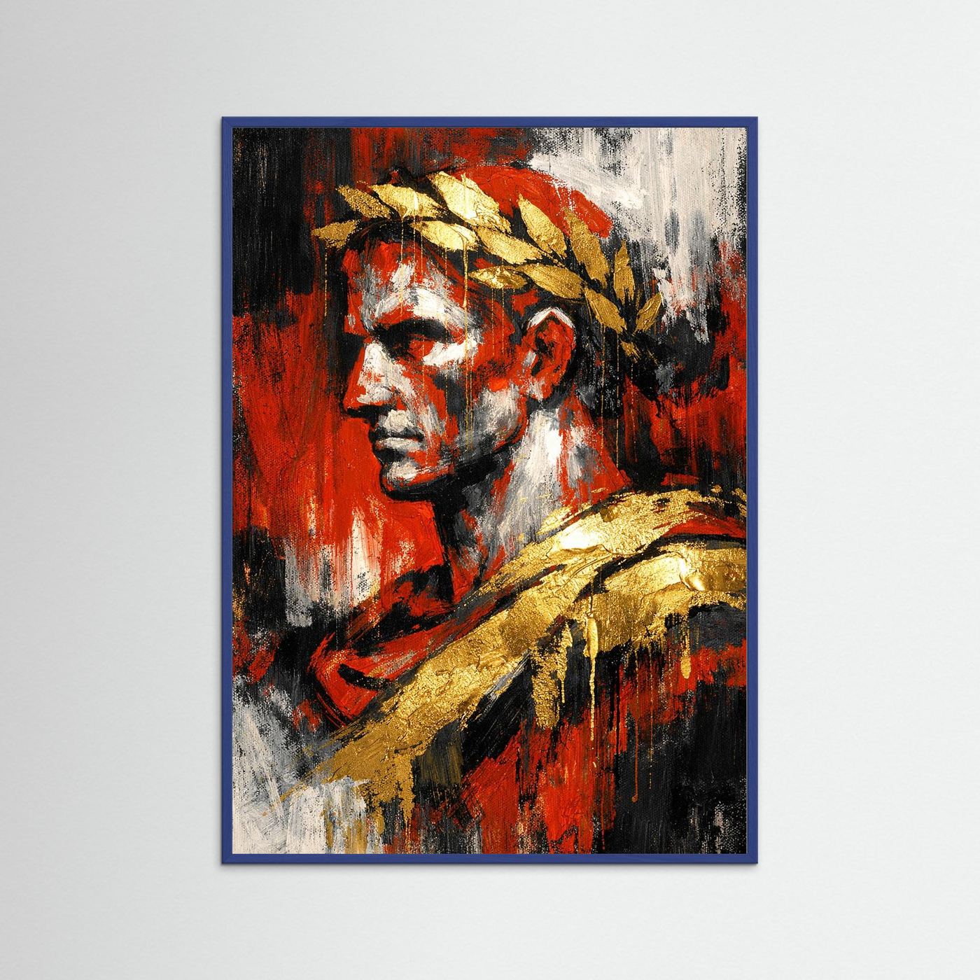 Hochformatiges Kunstposter mit abstraktem Bullenprofil, Rot, Schwarz und Goldakzente, im blauen Rahmen