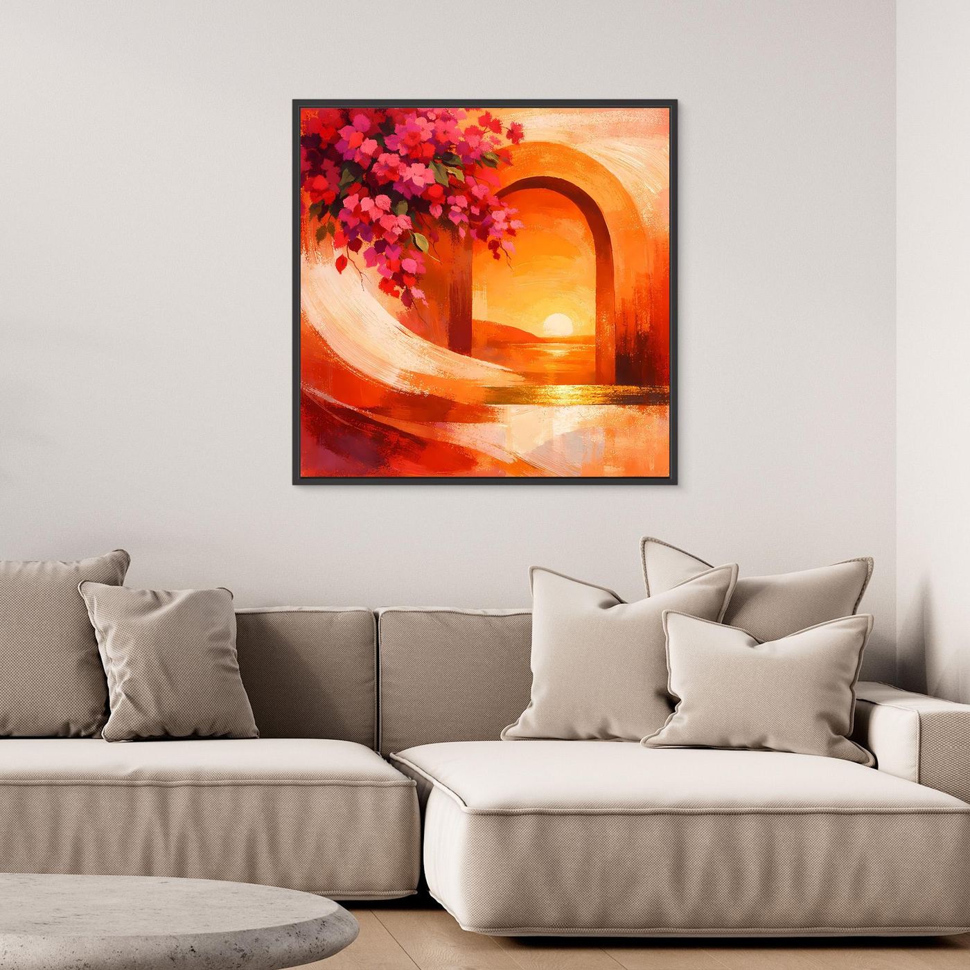 Quadratisches gerahmtes Leinwandbild mit Torbogen, kräftigen roten Blüten und orangefarbenem Licht