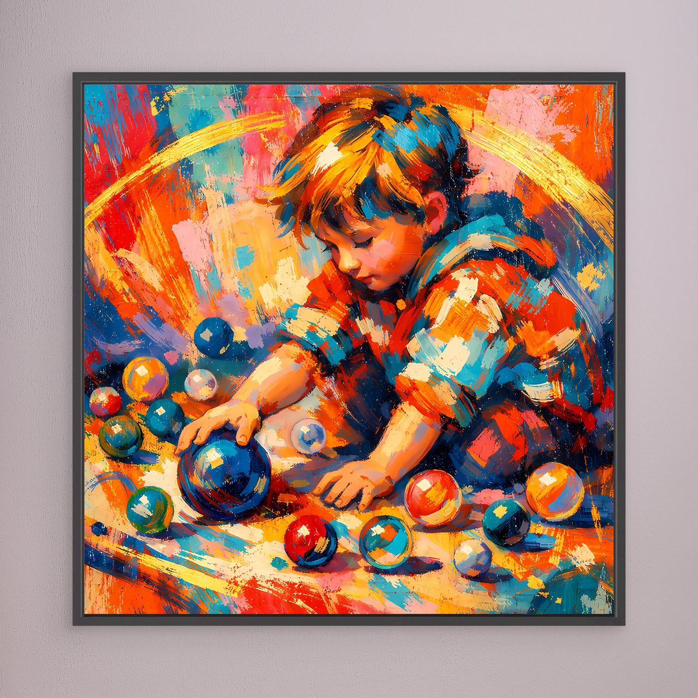 Gerahmtes Leinwandbild: abstraktes Kinderportrait mit bunten Farben, schwarzer Rahmen