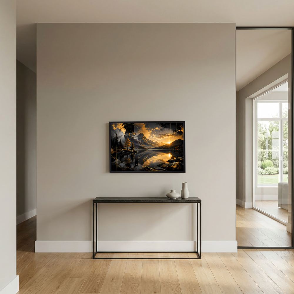 Wandposter im Querformat mit Bergsee bei Sonnenuntergang, schwarze und goldene Landschaft im schwarzen Rahmen