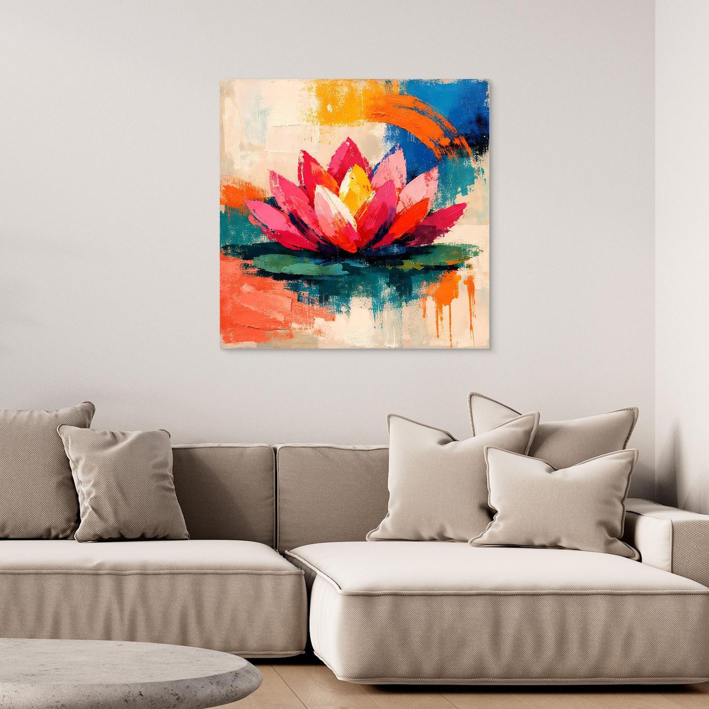 Abstract lotus canvas wall art with pink and yellow petals on colorful water reflections