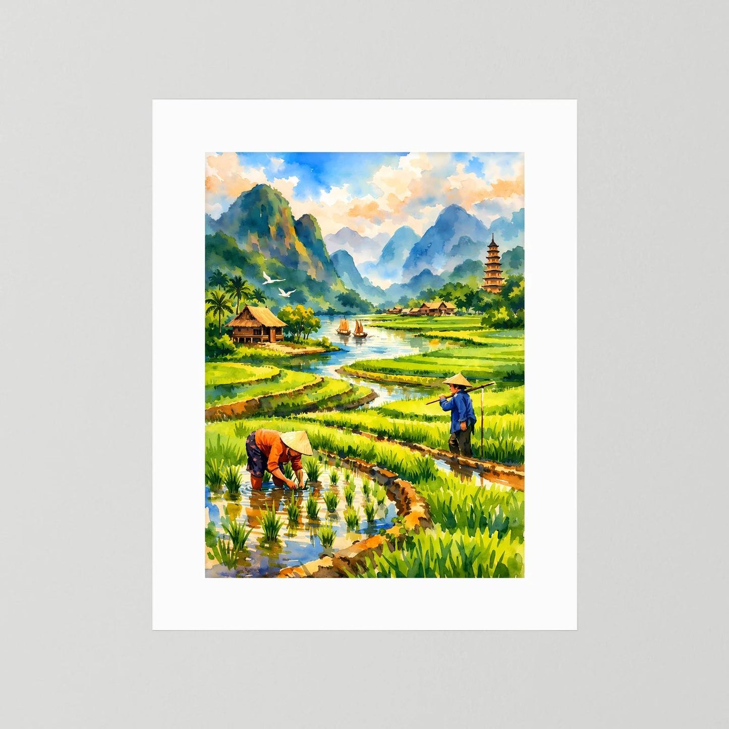 Hochformatiges Poster ohne Rahmen mit weißem Rand, Reisfelder mit Pagode und Bauern