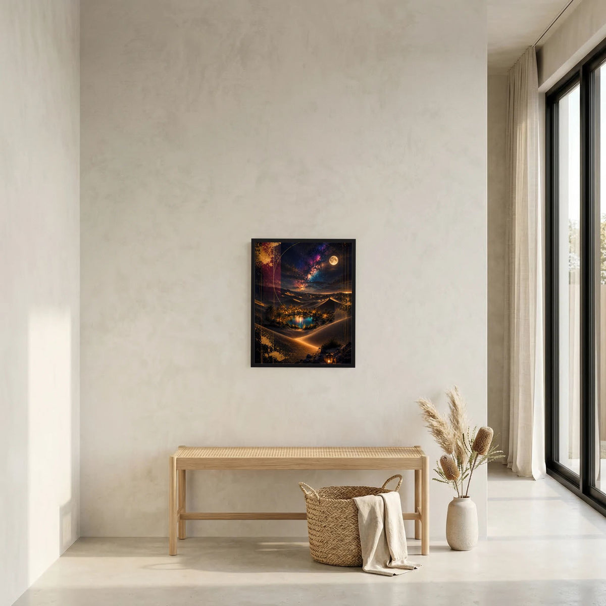 Hochformatposter im schwarzen Rahmen an der Wand: Wüstenoase bei Nacht mit Vollmond