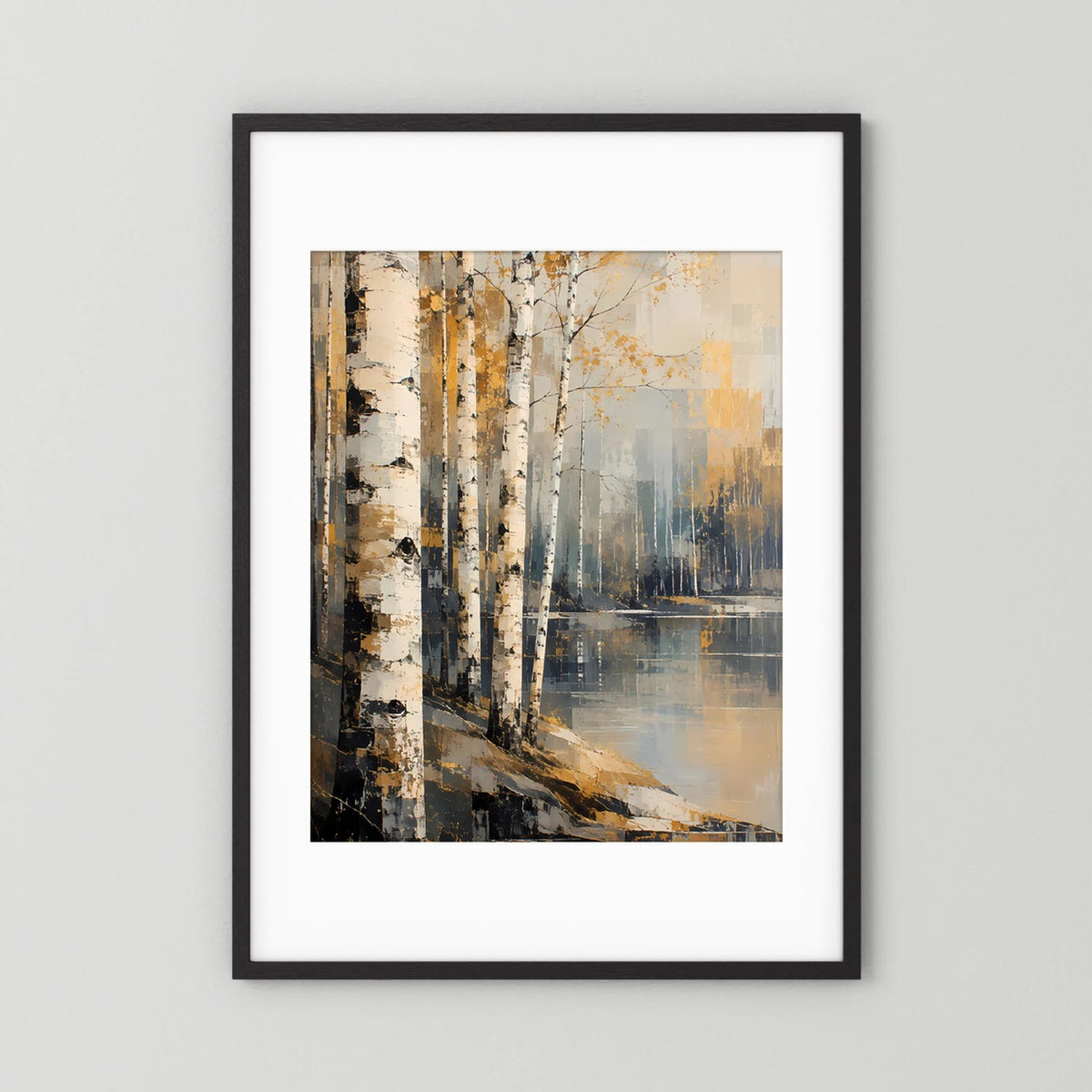 Poster mit abstraktem Birkenwald am Wasser in Gold und Beige, schwarz gerahmt mit weißem Rand