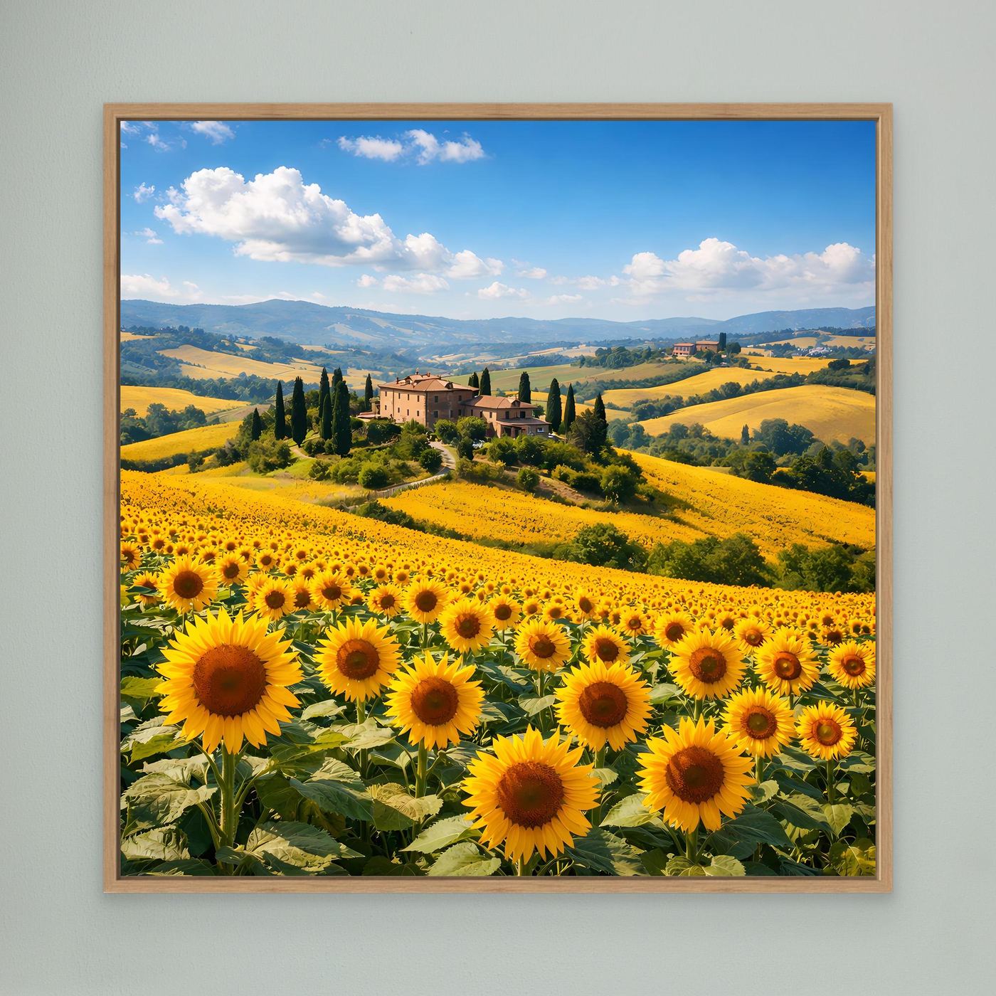 Leinwandbild mit Sonnenblumenfeld und Toskana-Hügellandschaft, rechteckig, Holzrahmen