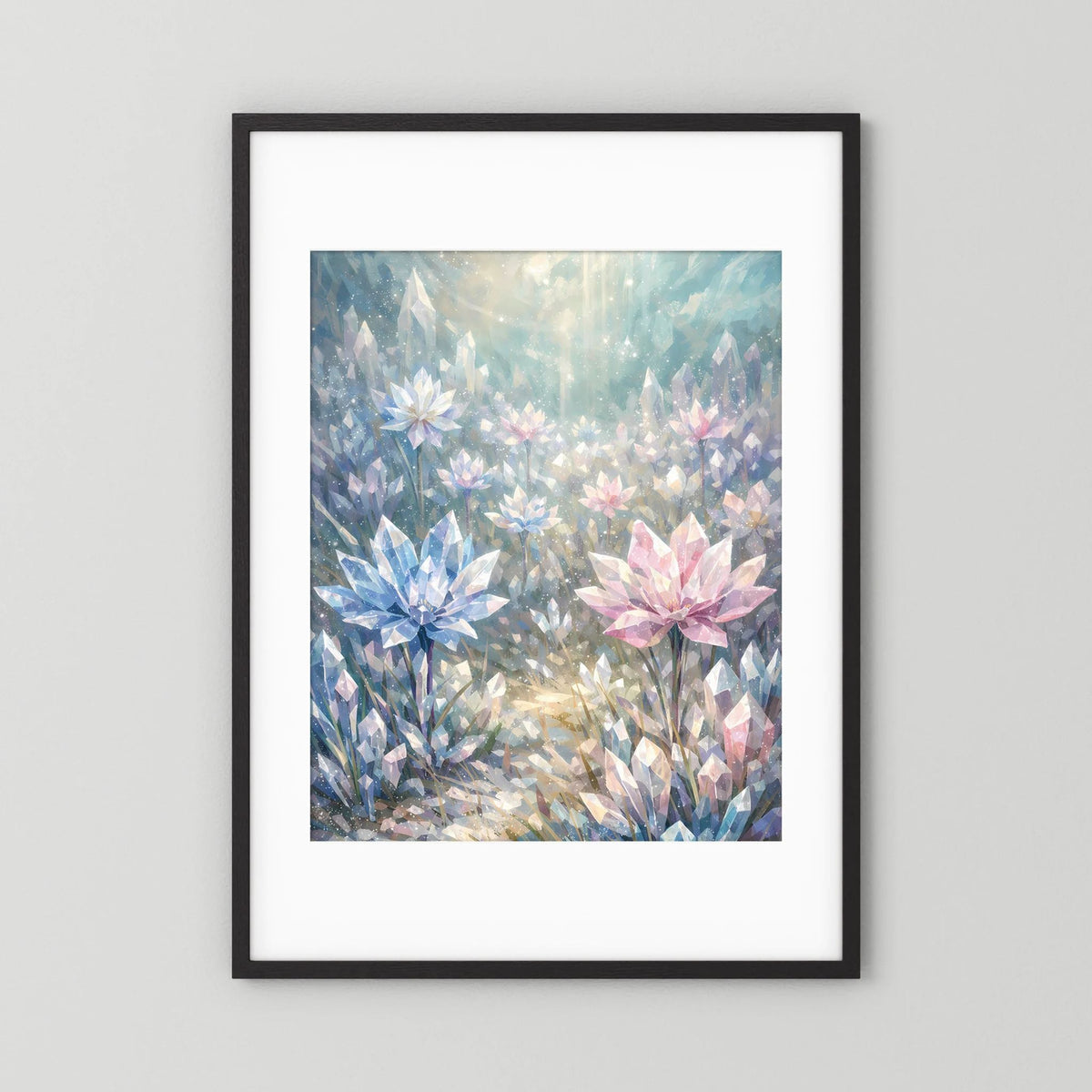 Hochformat-Poster mit Kristallblumen in Pastellblau und Rosa, schwarzer Rahmen mit Rand.