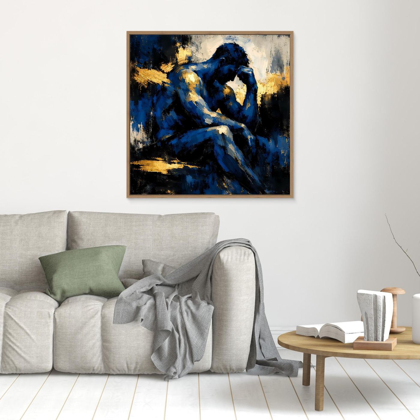 Leinwand Der Denker in Blau | Abstraktes Männersilhouette Wandbild Gold