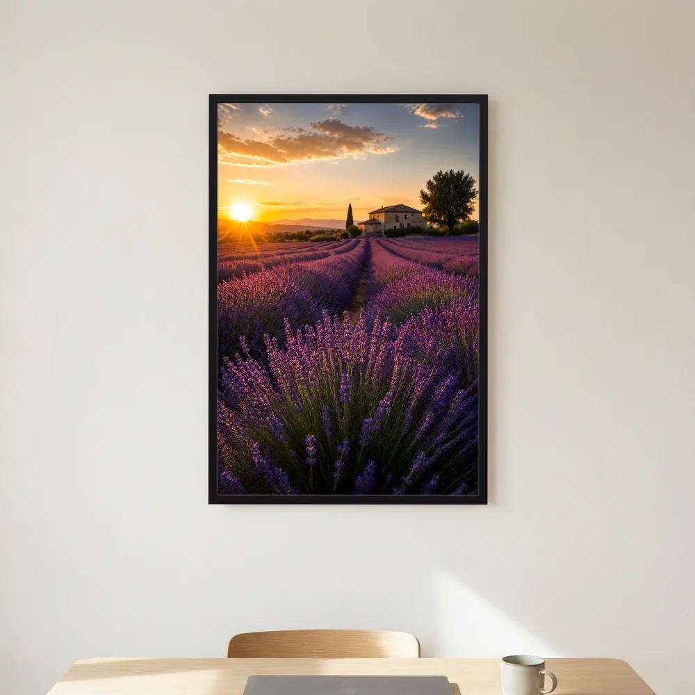 Kunstposter im Hochformat mit schwarzem Rahmen, violettes Lavendelfeld bei Sonnenuntergang