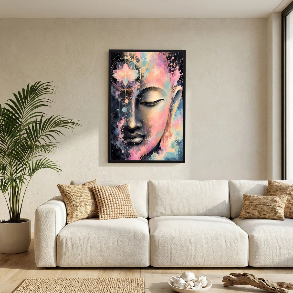 Kunstposter mit abstraktem Buddha-Gesicht in Pastell, Gold- und Schwarzakzenten im schwarzen Rahmen