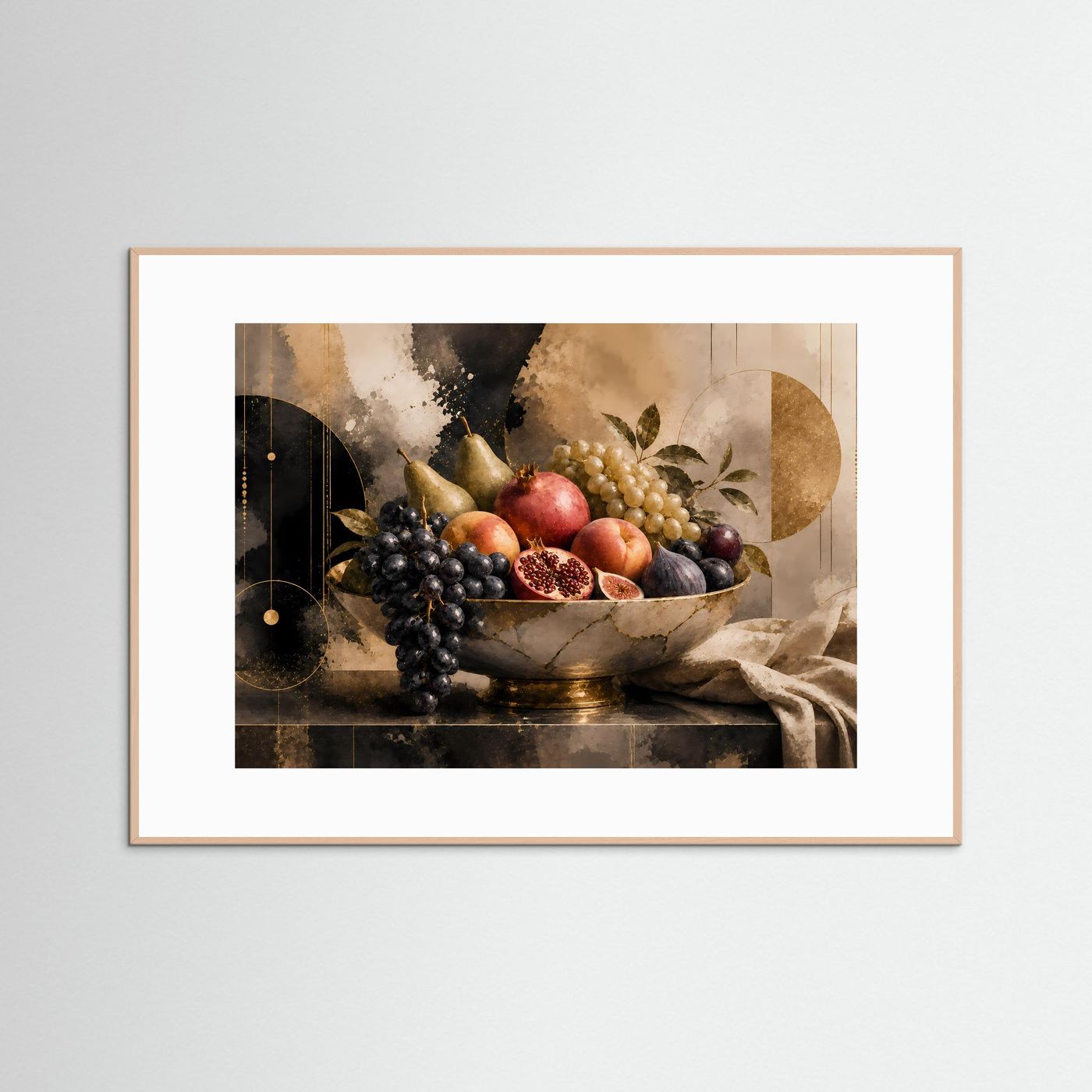 Gerahmtes Poster: Obstschale mit Granatapfel und Trauben, hellbrauner Rahmen, querformatig