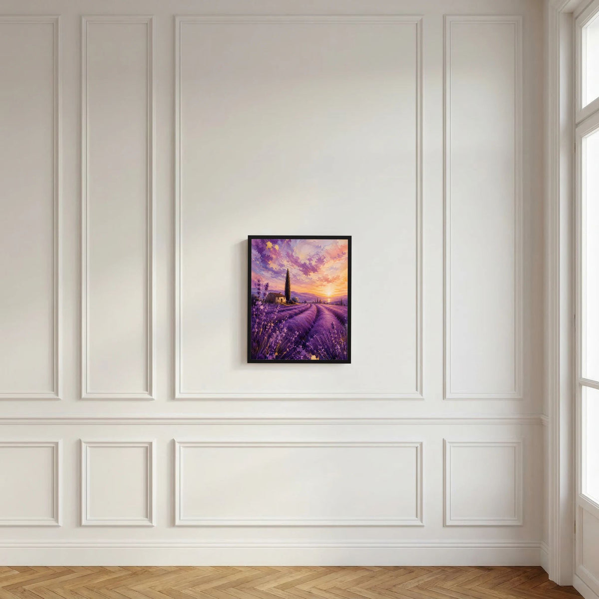 Gerahmtes Hochformatposter mit Lavendelfeld und Sonnenuntergang, dunkler Rahmen.