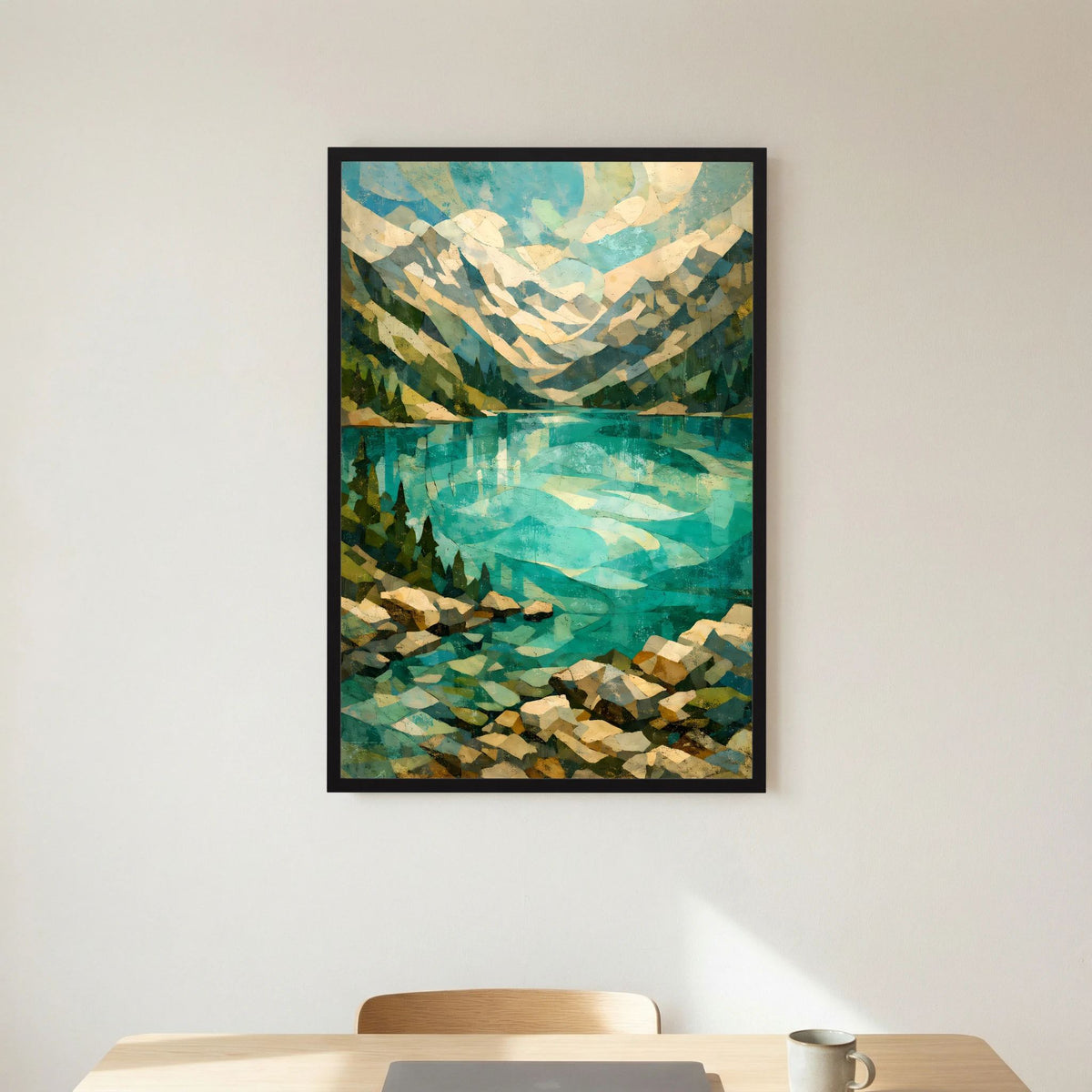 Kunstposter im Hochformat mit abstrakter Alpenlandschaft und türkisfarbener Spiegelung, schwarz gerahmt
