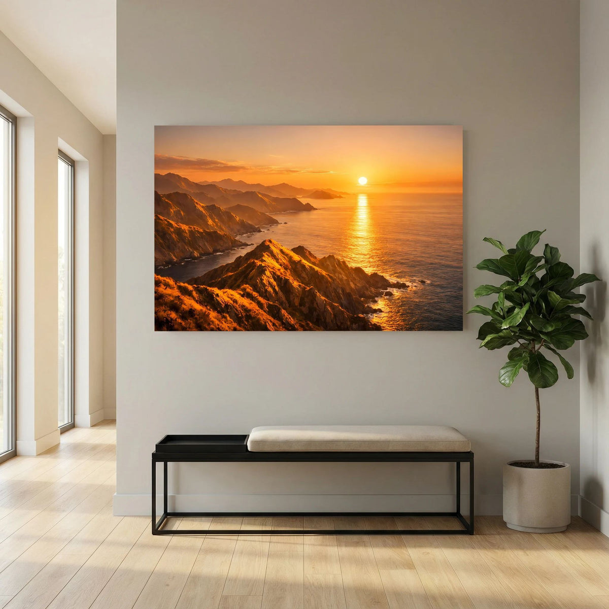 Wandbild im Querformat: Sonnenuntergang über Küstenklippen, Meer mit langen Sonnenreflexen