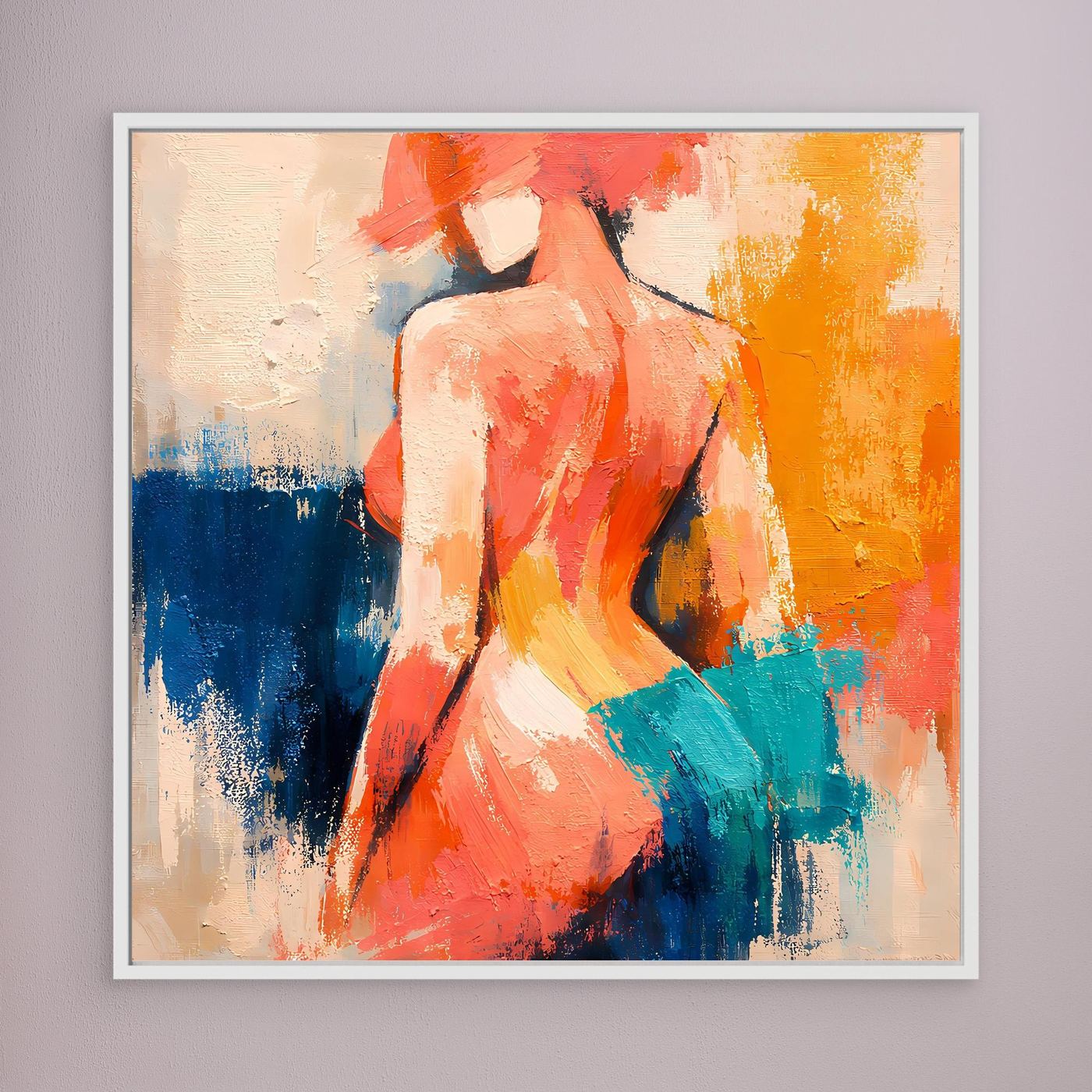 Abstract female back canvas wall art with red, orange, blue and teal brush strokes, light frame