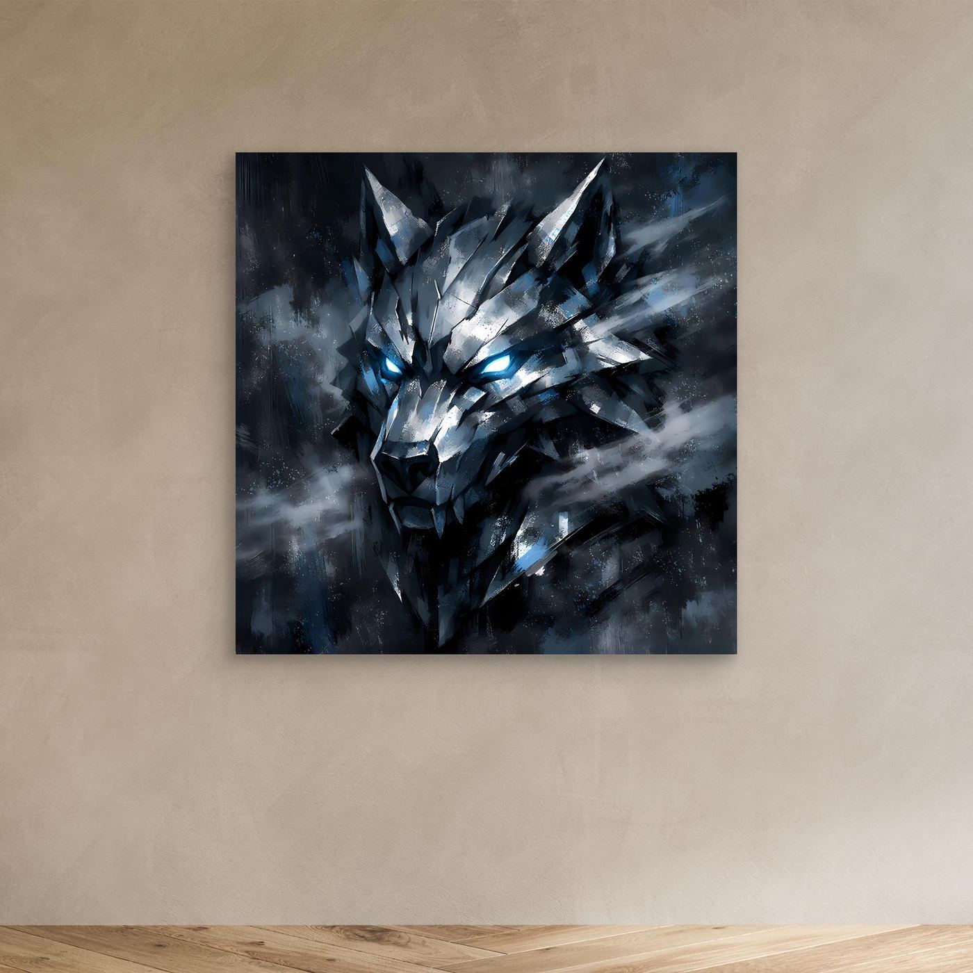 Leinwand-Wandbild mit geometrischem Wolf ohne Rahmen, silberne Facetten und blau leuchtende Augen