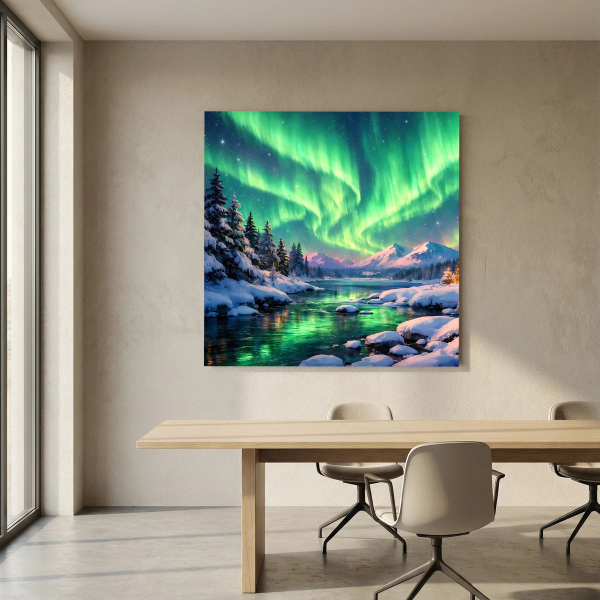 Leinwandbild mit grünen Polarlichtern über verschneiter Flusslandschaft und Steinbrocken auf Holzkeilrahmen