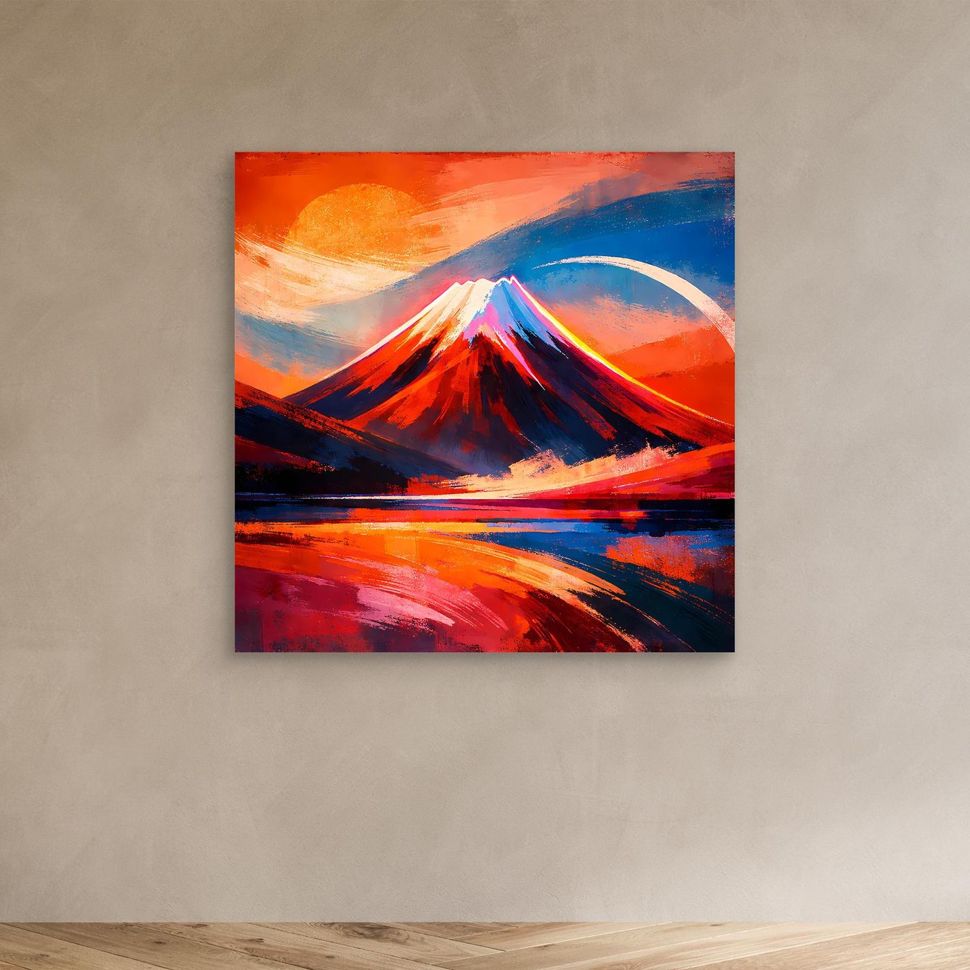 Abstraktes Leinwandbild mit Bergmotiv, kräftige Rot- und Blautöne, ohne Rahmen