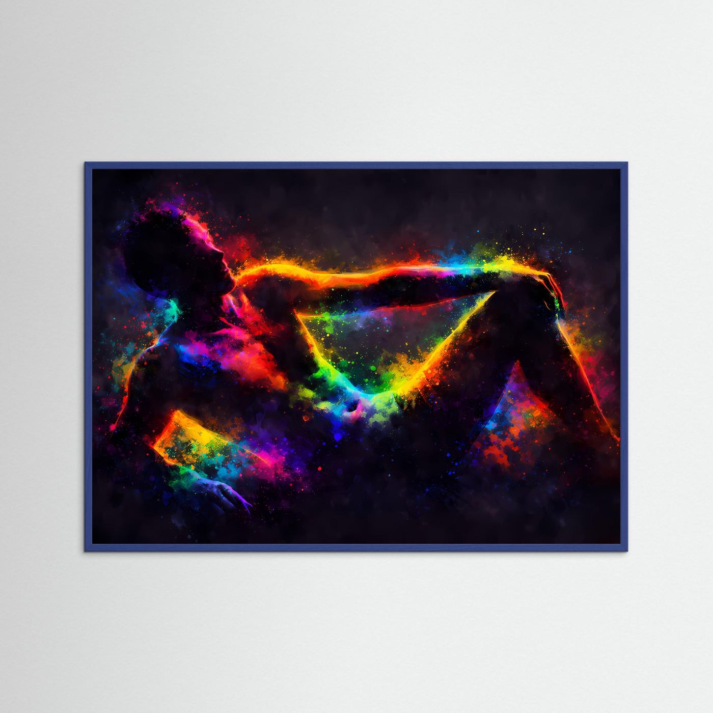 Abstraktes Kunstposter Querformat: farbige Figuren-Abstraktion, blauer Rahmen