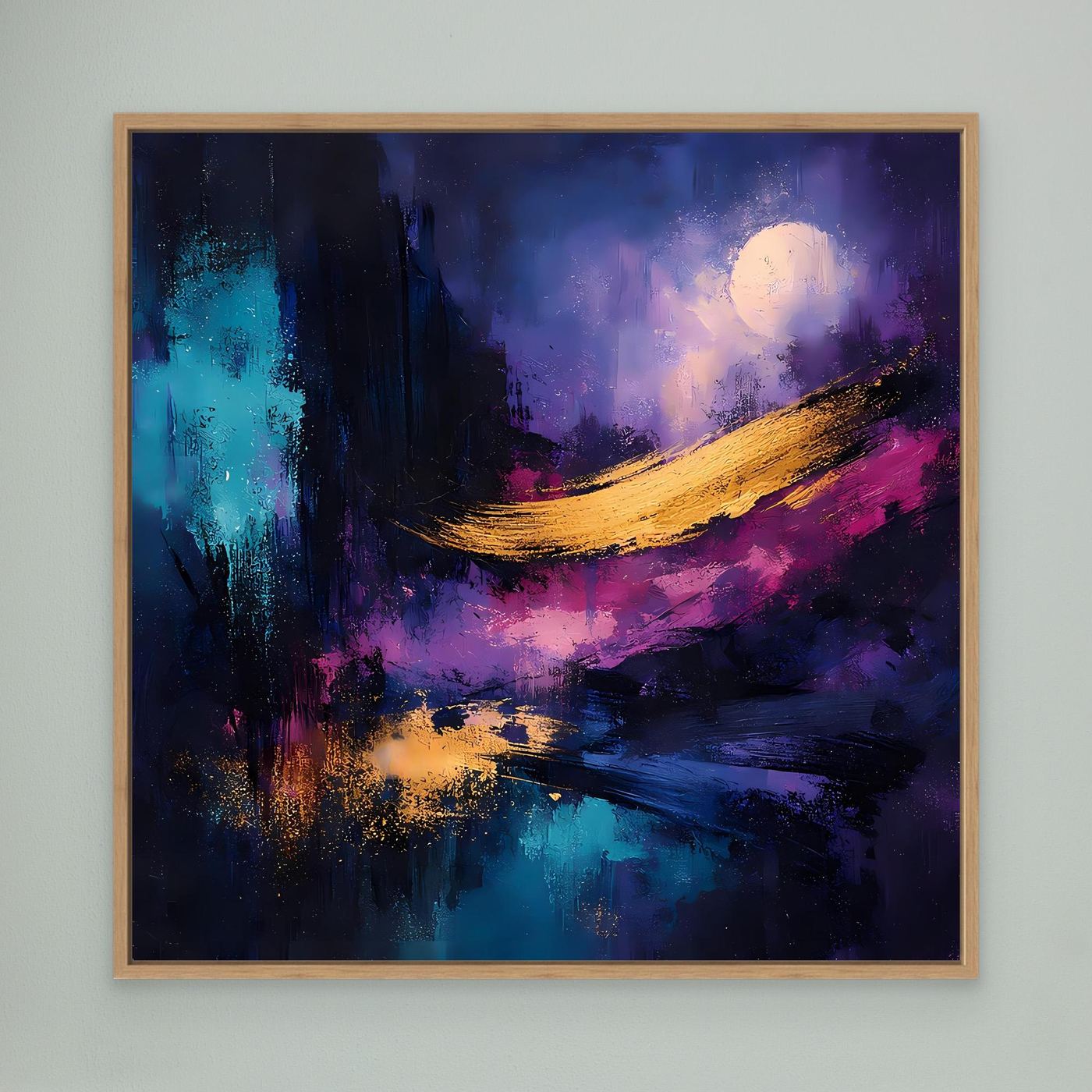 Abstraktes Leinwand-Wandbild mit Vollmond, Eichenrahmen