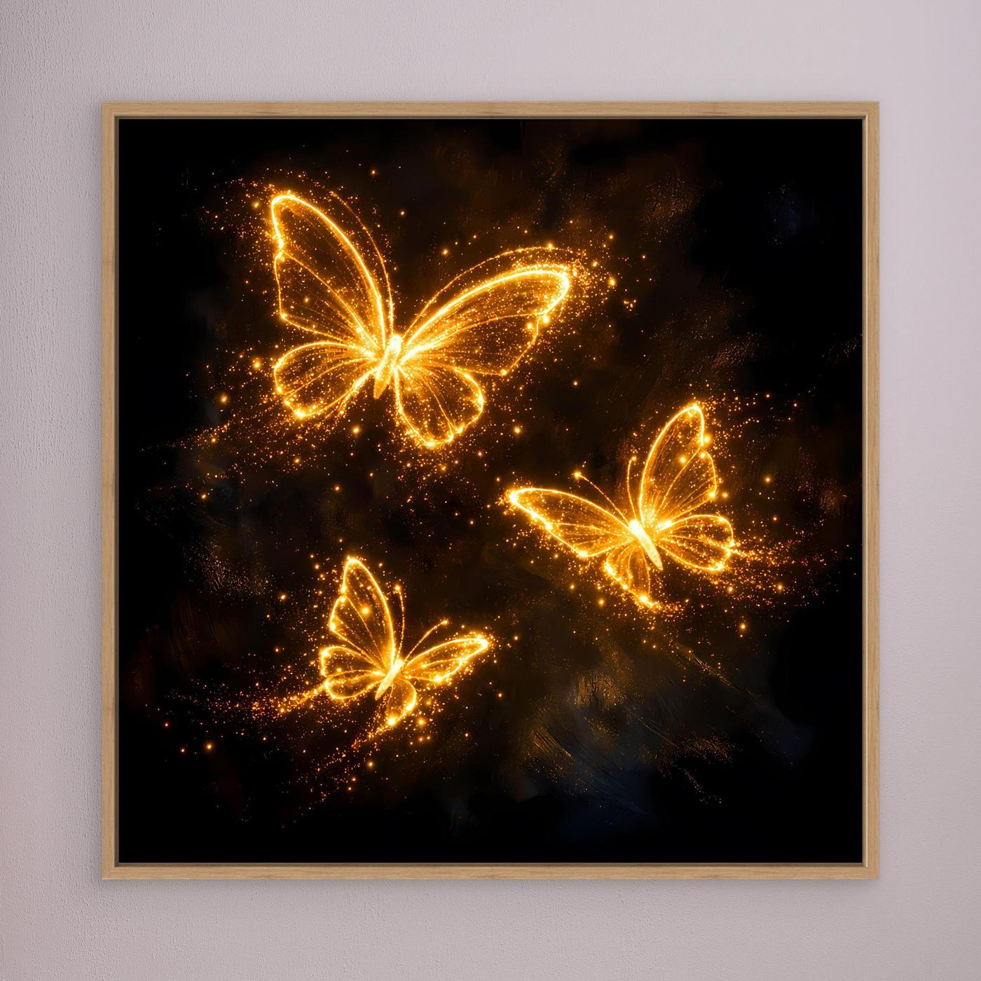 Premium Leinwand Leuchtende Schmetterlinge in Gold | Elegantes Fantasy Wandbild abstrakt