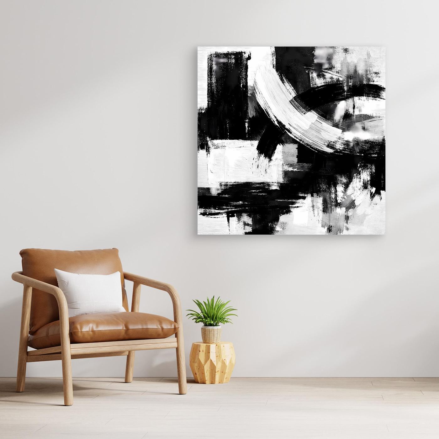 Square abstract canvas wall art with black-and-white brushstrokes