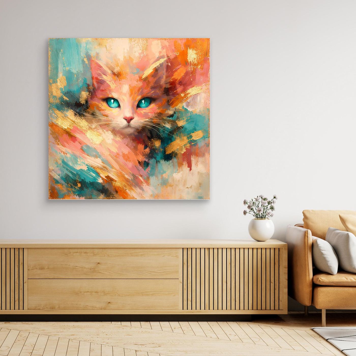 Leinwandbild abstrakte Katze mit türkisfarbenen Augen, bunte Farbmischung