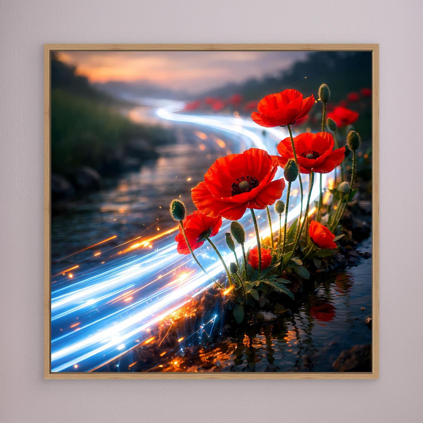 Leinwandbild mit roten Mohnblumen am Bach und Lichtspuren, goldbraun gerahmt