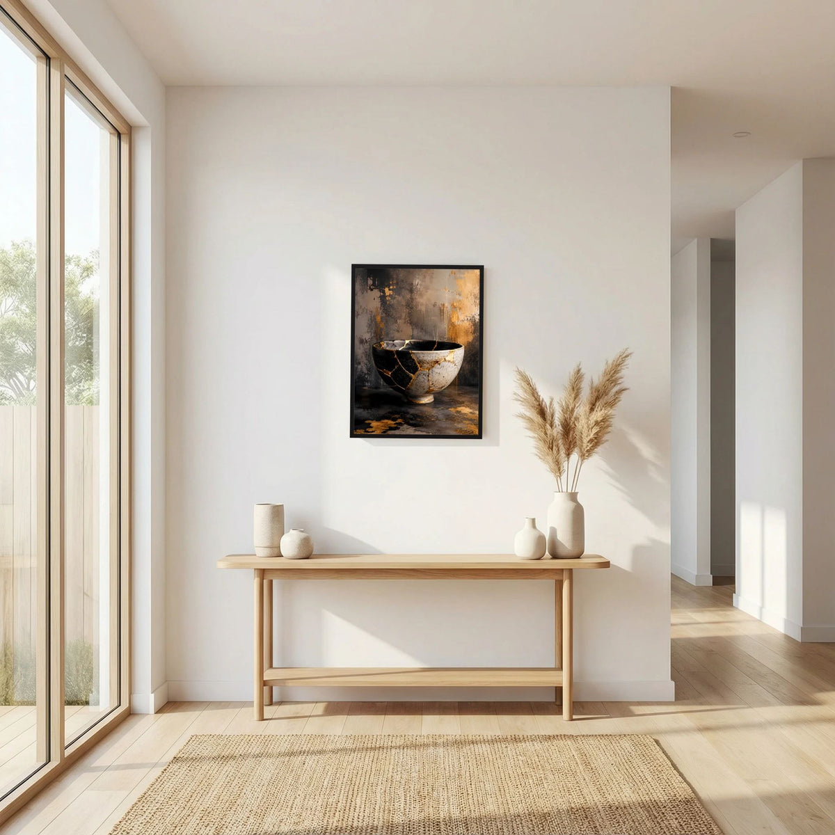 Gerahmtes Hochformat-Poster mit goldenen Kintsugi-Risslinien auf schwarzer und weißer Schale