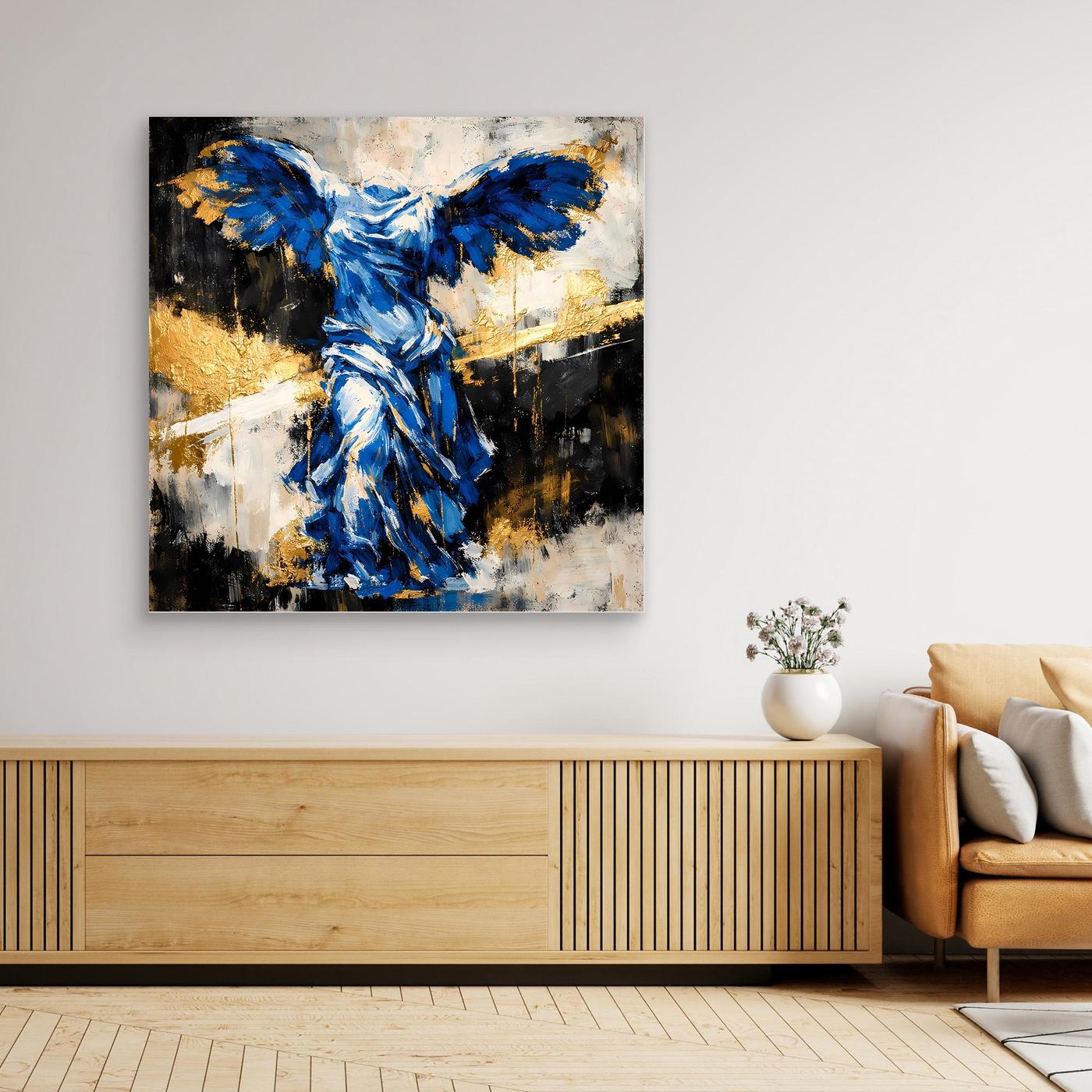 Leinwand Nike von Samothrake in Blau | Abstraktes Skulpturen Wandbild Gold
