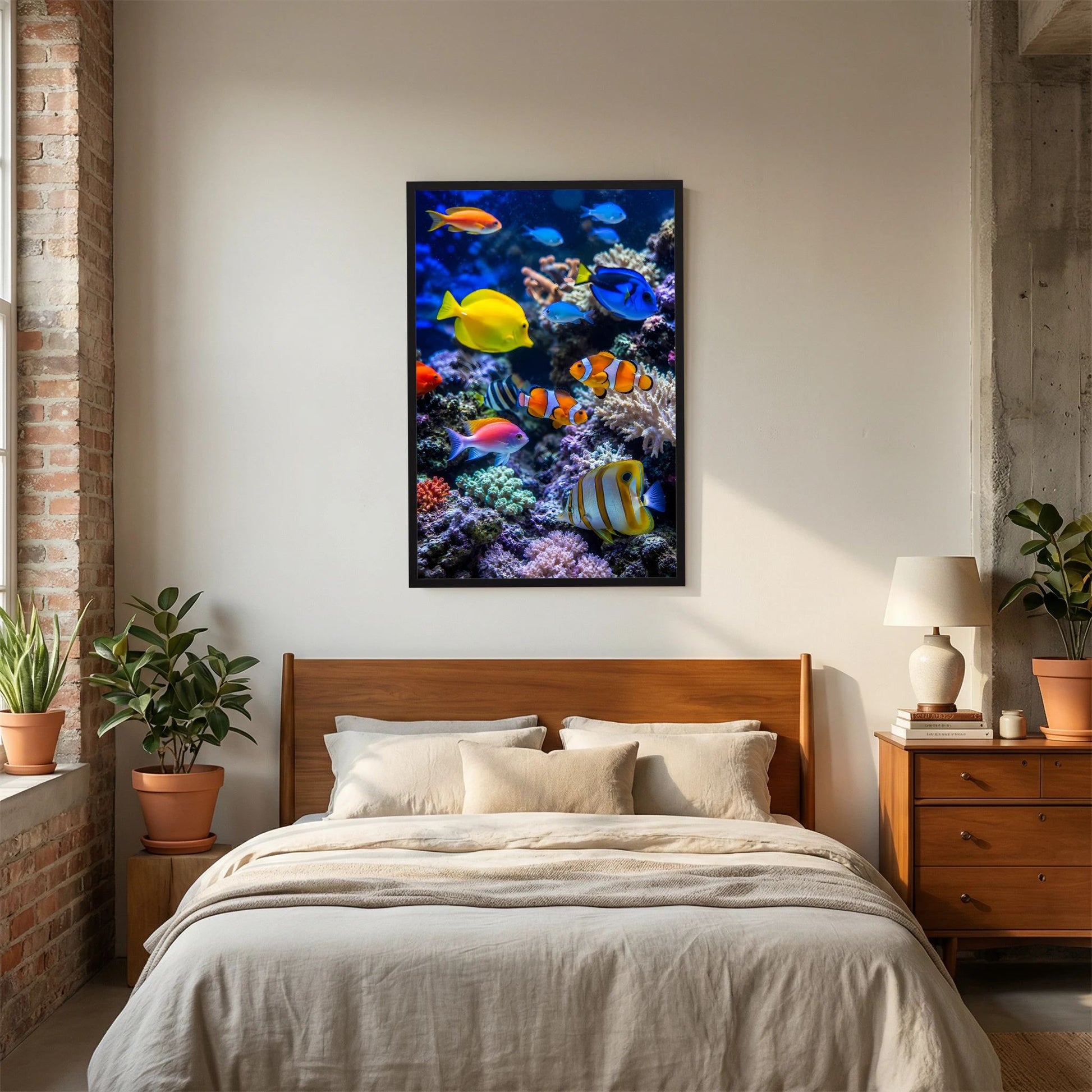 Hochformat-Poster mit bunten Tropenfischen und Korallenriff im schwarzen Rahmen