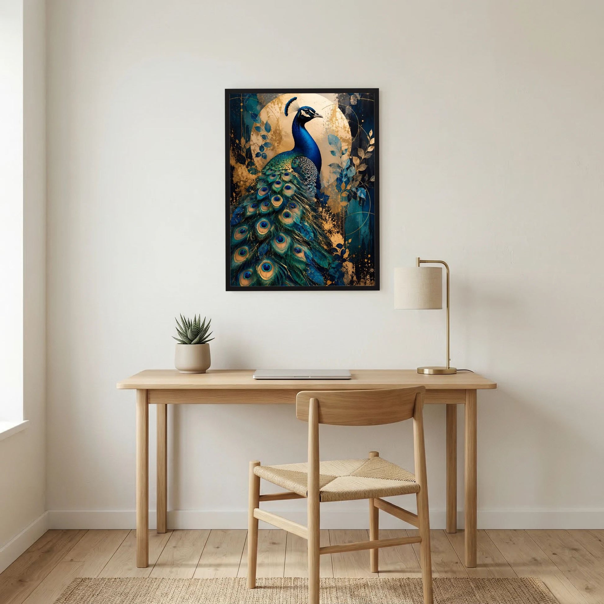 Pfau-Poster in Blau und Gold, schwarzer Rahmen
