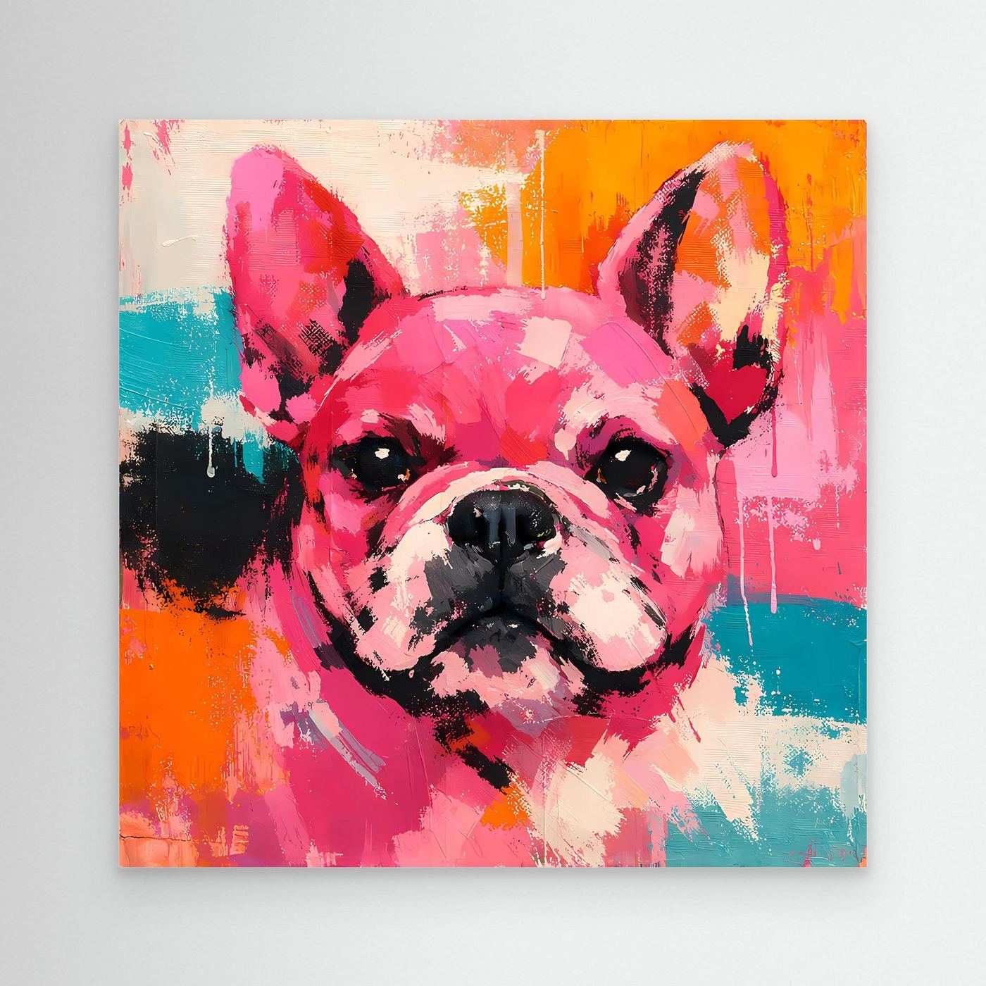 Abstract French bulldog painting on canvas with bright pink, orange, teal and black accents