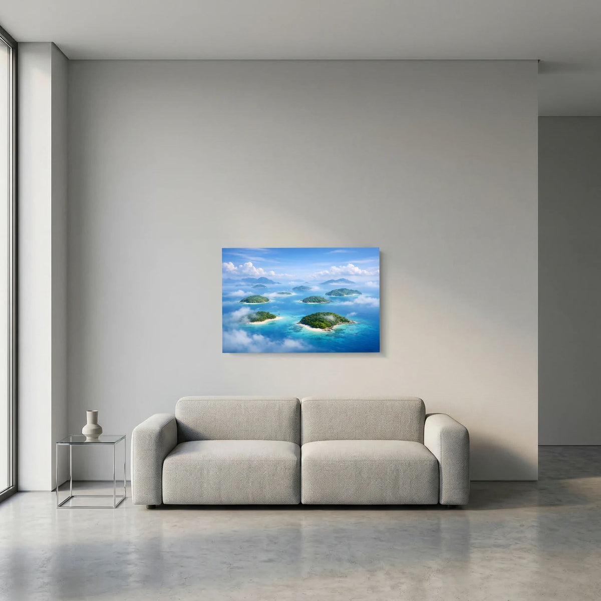 Wandbild mit tropischen Inseln und türkisblauem Meer aus Vogelperspektive