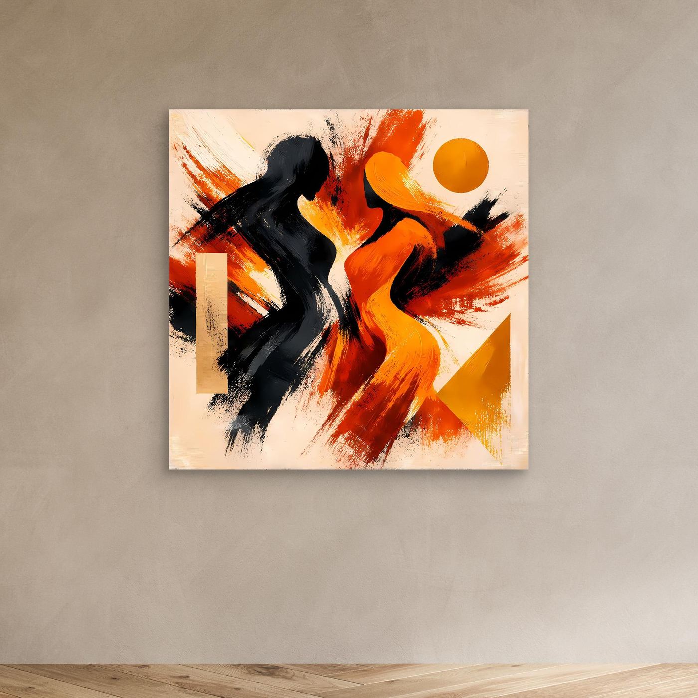 Abstraktes Wandbild im hellen Rahmen mit schwarzen und orangefarbenen Silhouetten, Sonne