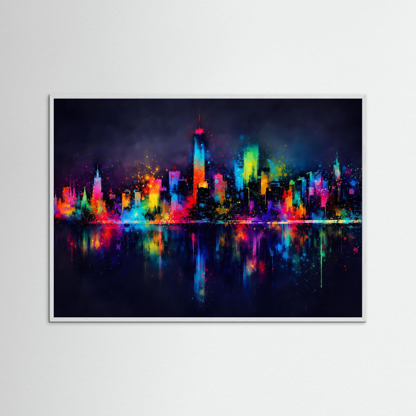 Wandbild mit abstrakter Großstadt-Skyline bei Nacht im schwarzen Rahmen, farbige Sprenkel und Reflexion