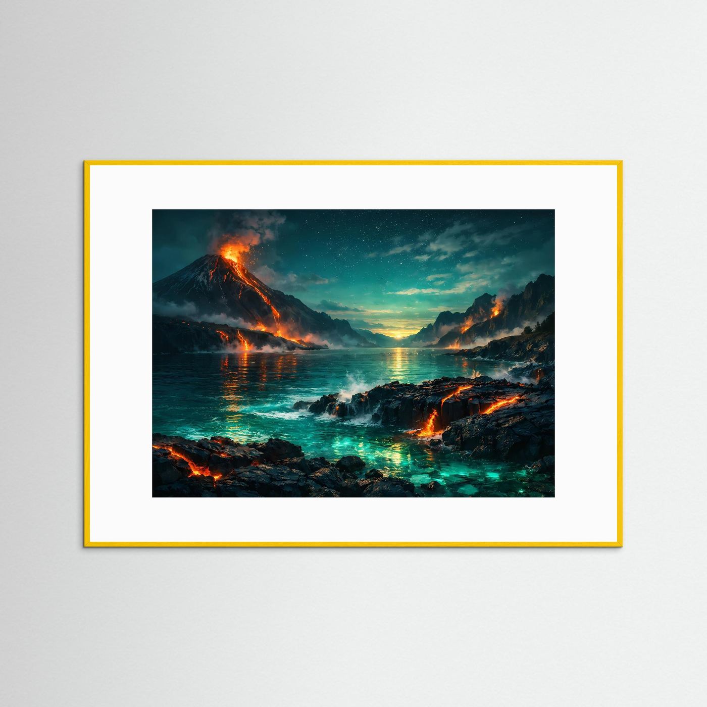 Vulkanlandschaft-Wandbild mit gelb-orangem Rahmen und Passepartout