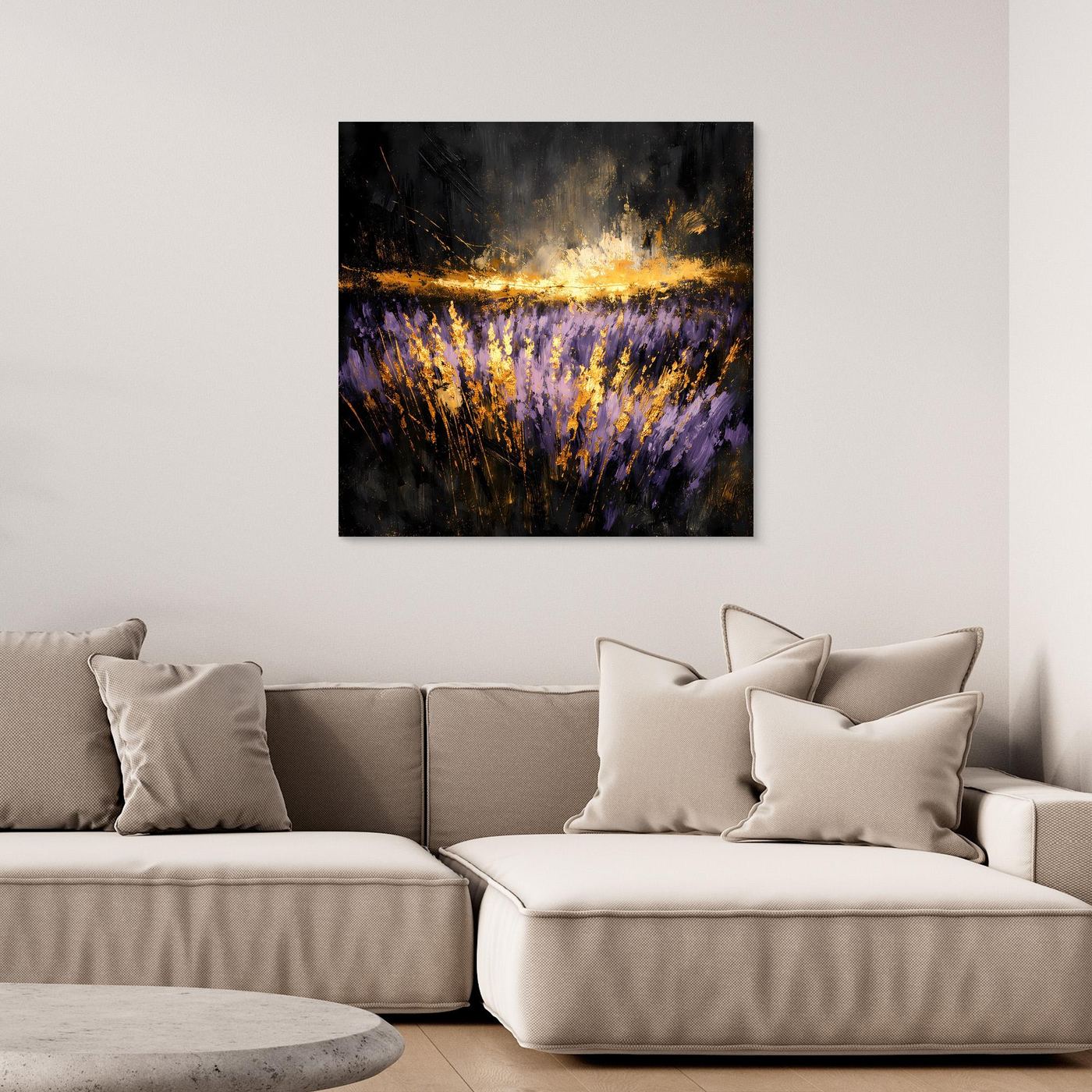 Leinwand Mystisches Lavendelfeld bei Nacht | Abstraktes Natur Wandbild Moderne Kunst